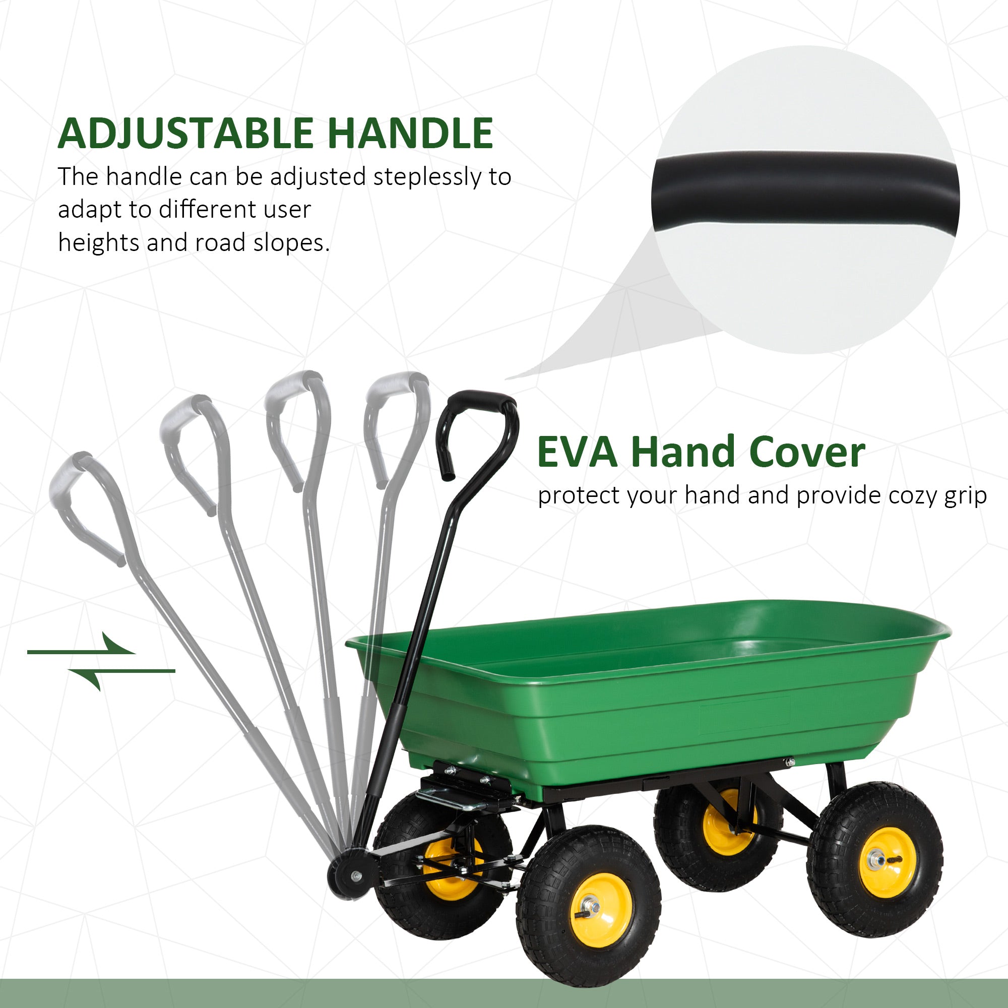 Outsunny 75 Litre Large Garden Cart Heavy Duty 4 Wheel Trolley Dump Wheelbarrow Tipping Truck Trailer - Green - North Peak Garden Furniture