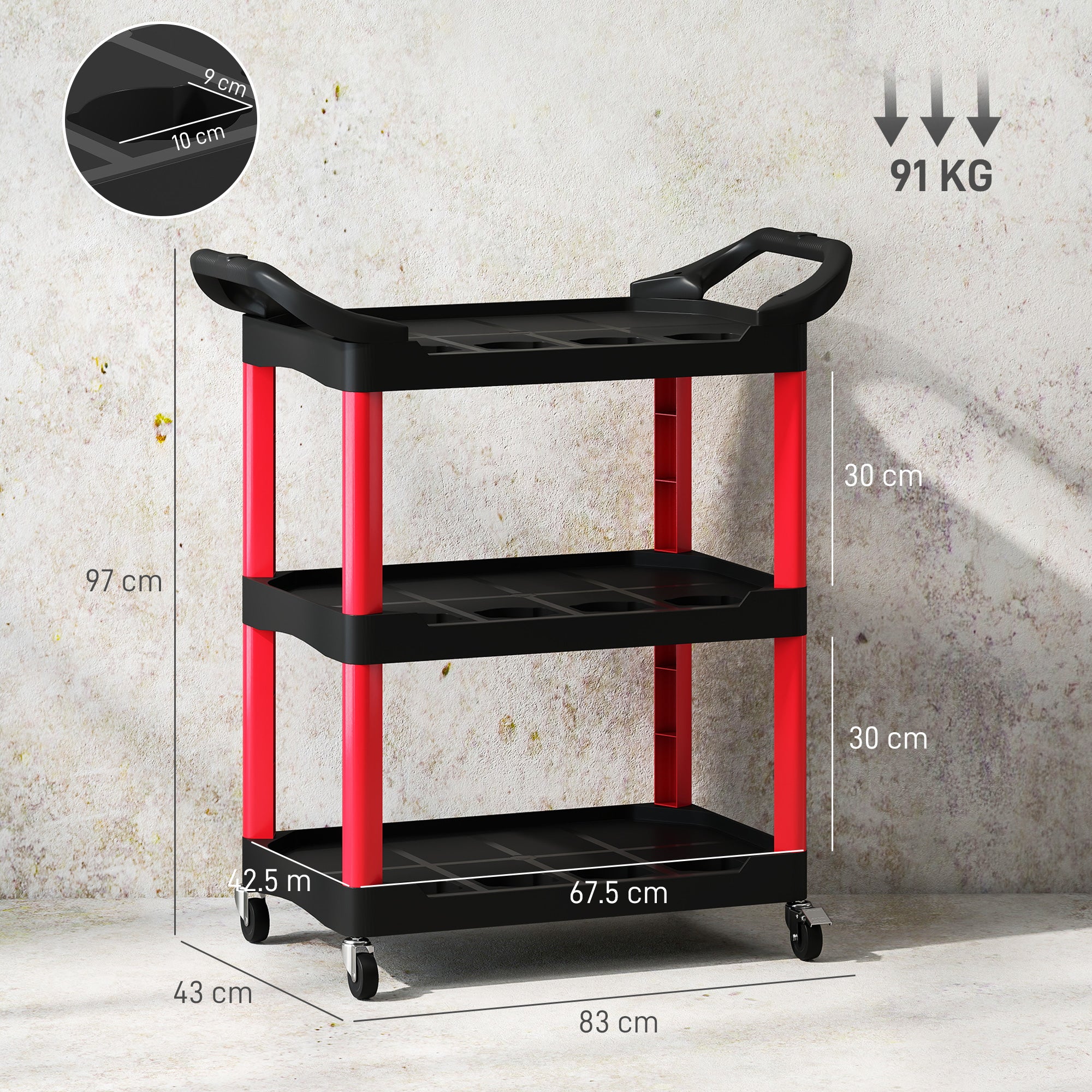 HOMCOM 3-Tier Rolling Tool Cart, Tool Trolley on Wheels, Plastic Mobile Service Utility Cart with Handles for Garage, Mechanics and Warehouse, 91kg Capacity, Black and Red