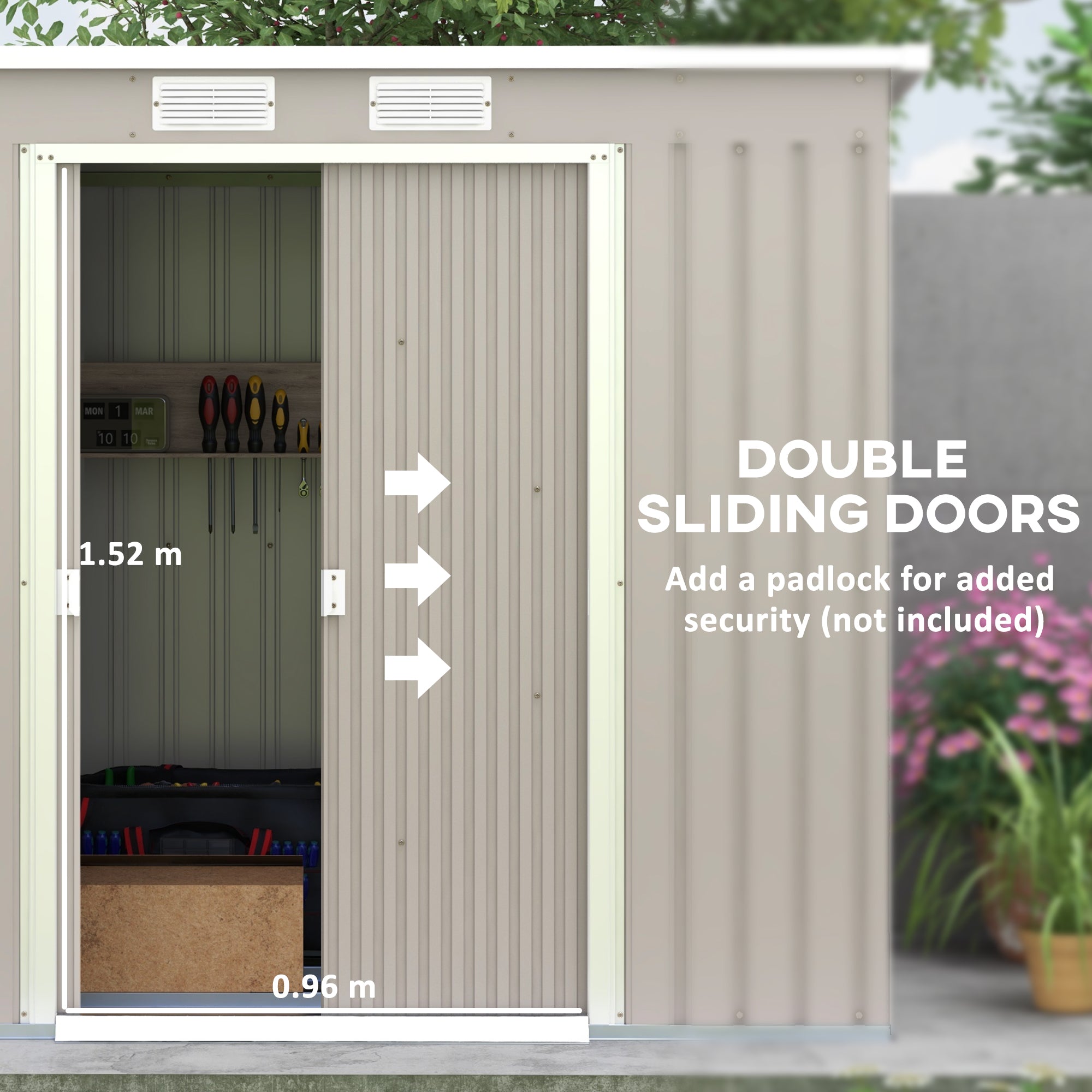 Outsunny Outdoor Lean to Garden Metal Equipment Tool Storage Shed w/ Foundation Kit, Double Door, Vents and Sloped Roof, Grey - North Peak Garden Furniture