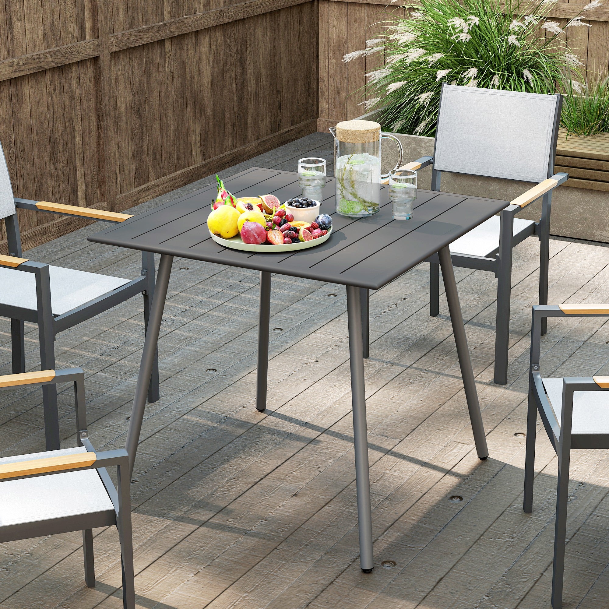 Outsunny Square Garden Table with Slat Top, Steel Frame, Outdoor Table for 4 Person, 80 x 80 x 74 cm, Grey - North Peak Garden Furniture