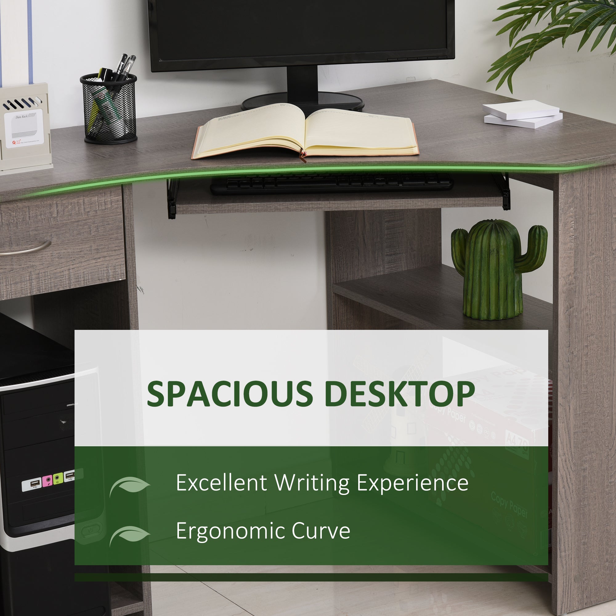 HOMCOM L-Shaped Corner Computer Desk w/ 2 Shelves Wide Worktop Keyboard Tray Drawer & CPU Stand Home Office Study Bedroom Furniture Grey - North Peak Garden Furniture