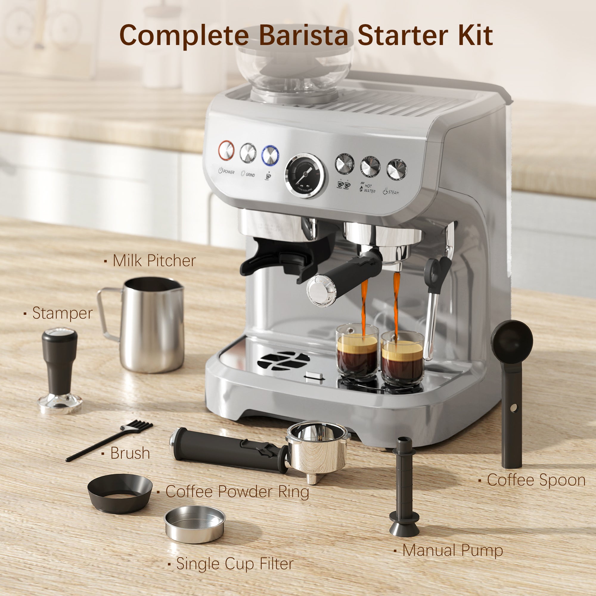 HOMCOM 15 Bar Coffee Machine, with Adjustable Grind, Steamer and Accessories - Silver Colour - North Peak Garden Furniture