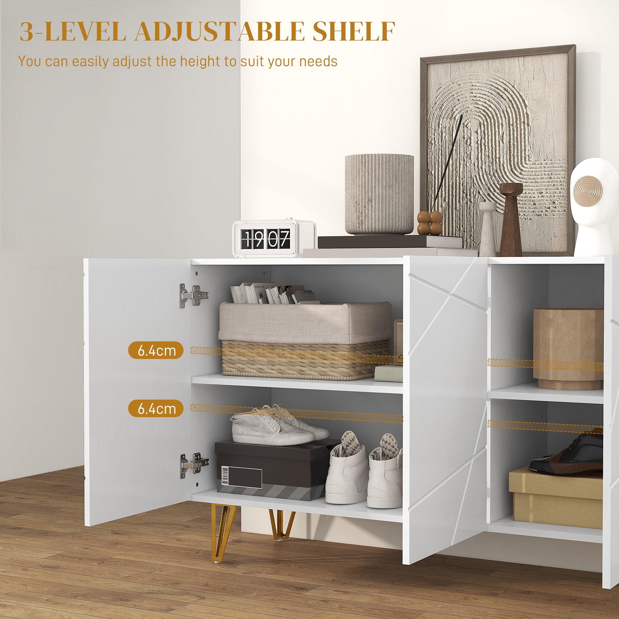 HOMCOM Modern Luxe High Gloss Sideboard, with Hairpin Legs - White - North Peak Garden Furniture