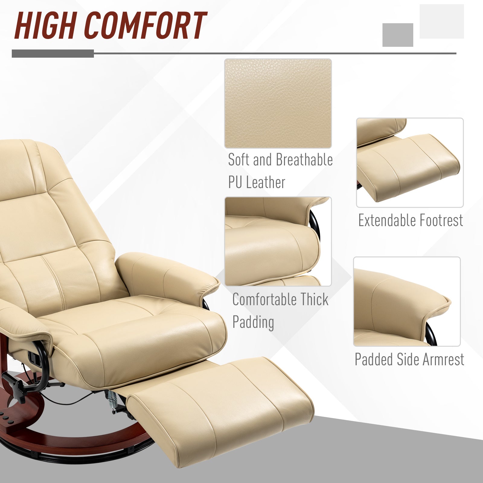 HOMCOM Faux Leather Armchair, with 145° Reclining Back and Footrest - Cream - North Peak Garden Furniture
