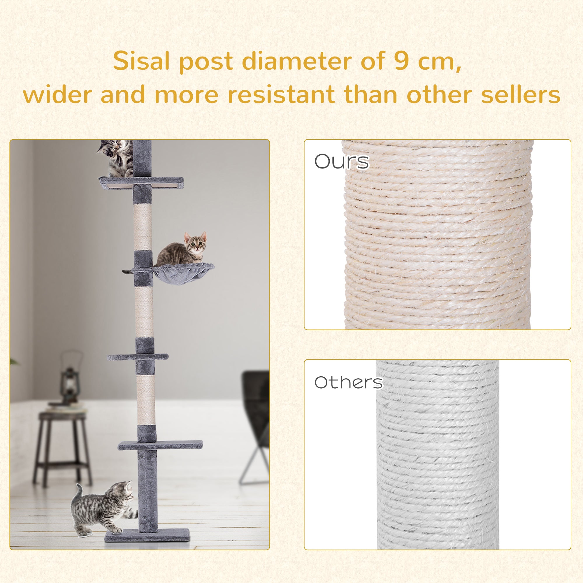 PawHut Floor to Ceiling Cat Tree for Indoor Cats 5-Tier Kitty Tower Climbing Activity Center Scratching Post Adjustable Height 230-260 cm Grey - North Peak Garden Furniture