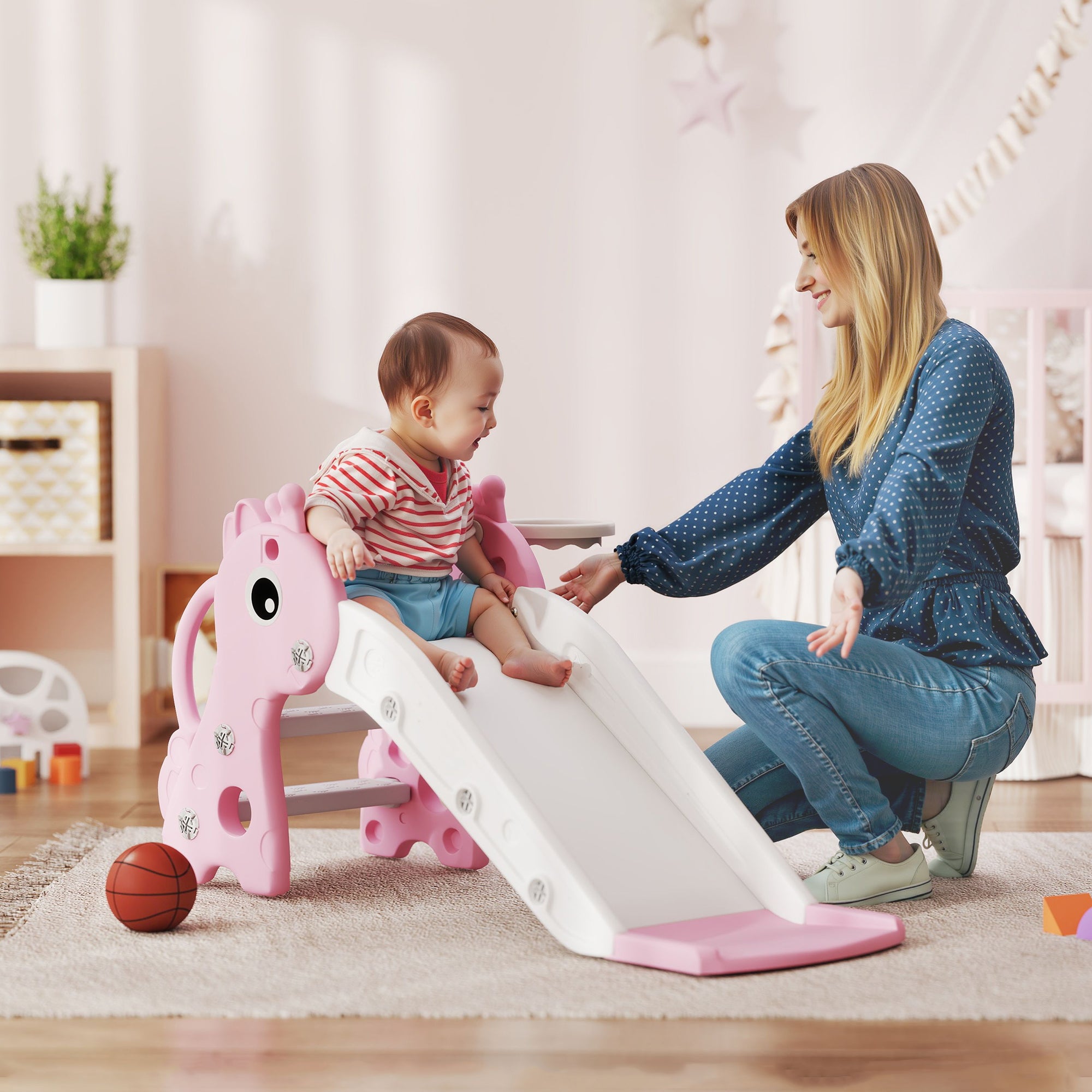 AIYAPLAY 3 in 1 Kids Slide with Climber, Basketball Hoop and Ball, Giraffe Shape Climber Slide for Indoor Kids Age 1-3, Pink - North Peak Garden Furniture