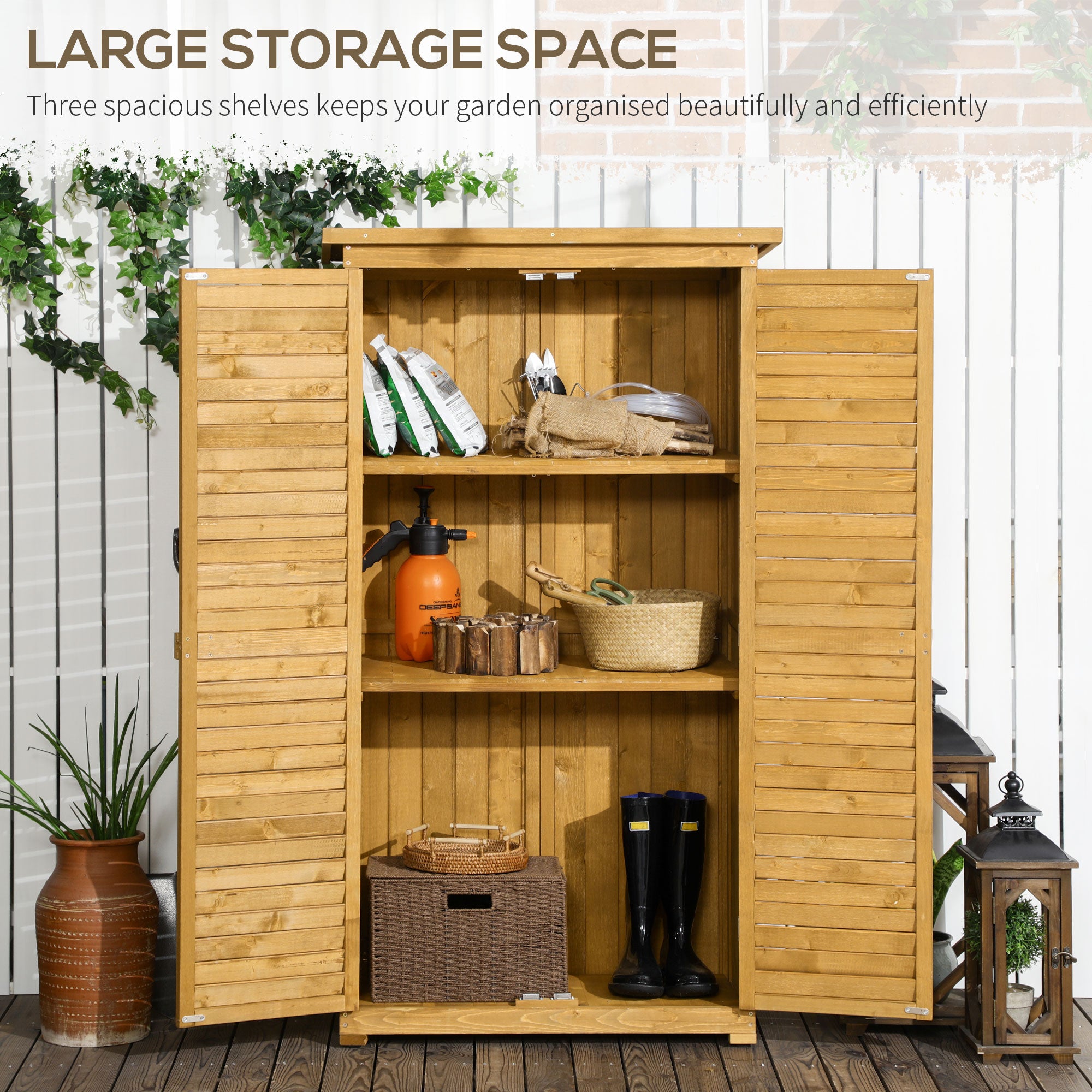 Outsunny Wooden Garden Storage Shed, Compact Utility Sentry Unit, 3-Tier Shelves Tool Cabinet Organizer with Asphalt Roof and Shutter Design, 87cm x 47cm x 160cm