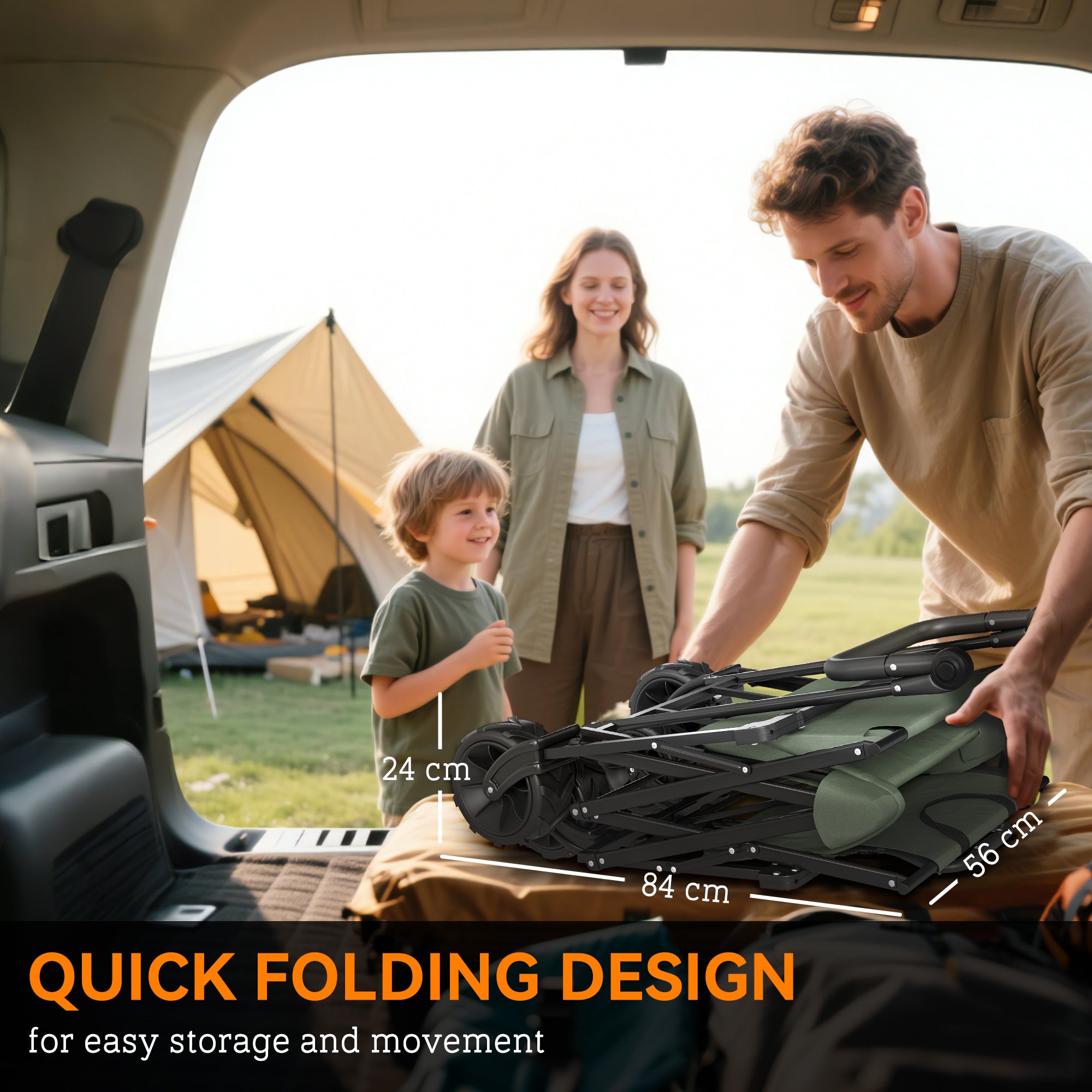 Outsunny Folding Trolley Cart Storage Wagon Beach Trailer 4 Wheels with Handle Overhead Canopy Cart Push Pull for Camping, Green - North Peak Garden Furniture