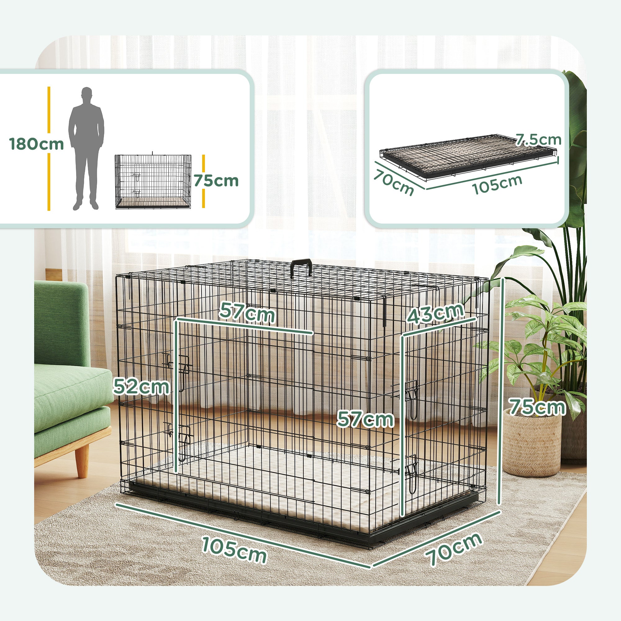 PawHut Dog Crate with 2 Doors with Tray, Soft Cushion, Foldable Metal Dog Cage for Extra and Large Dogs, 105 x 70 x 75, Black