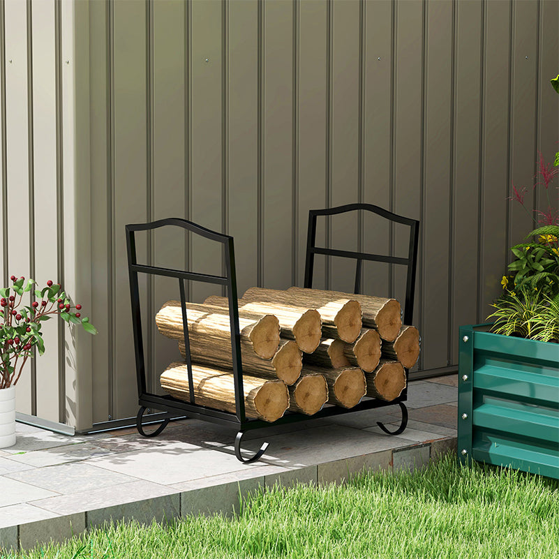 Outsunny Metal Firewood Log Holder Indoor Outdoor Folding Firewood Rack Fireplace Wood Storage Shelf w/ Scrolls, Rust-Resistant, Black, 48L x 34W x 37Hcm - North Peak Garden Furniture