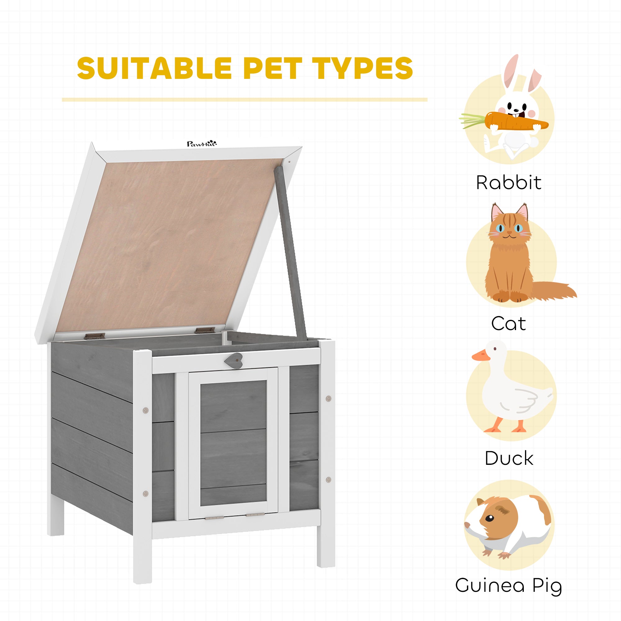 PawHut Wooden Rabbit Hutch Outdoor, Guinea Pig Hutch, Rabbit Hideaway, Cat House, Bunny Cage Small Animal House 51 x 42 x 43 cm, Grey