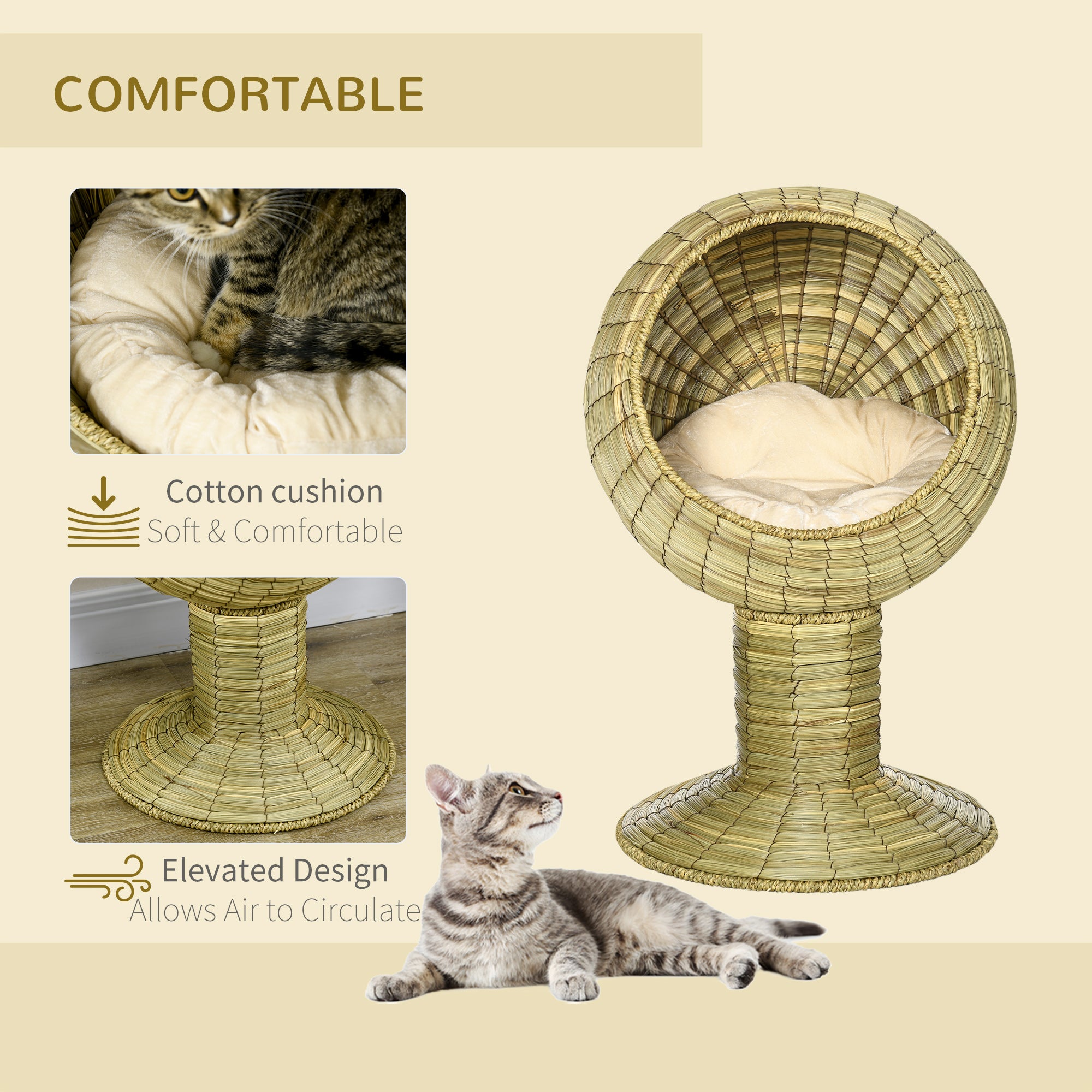 PawHut Raised Detachable Cat house, Natural Mat Grass Cat Bed, with Cushion - North Peak Garden Furniture