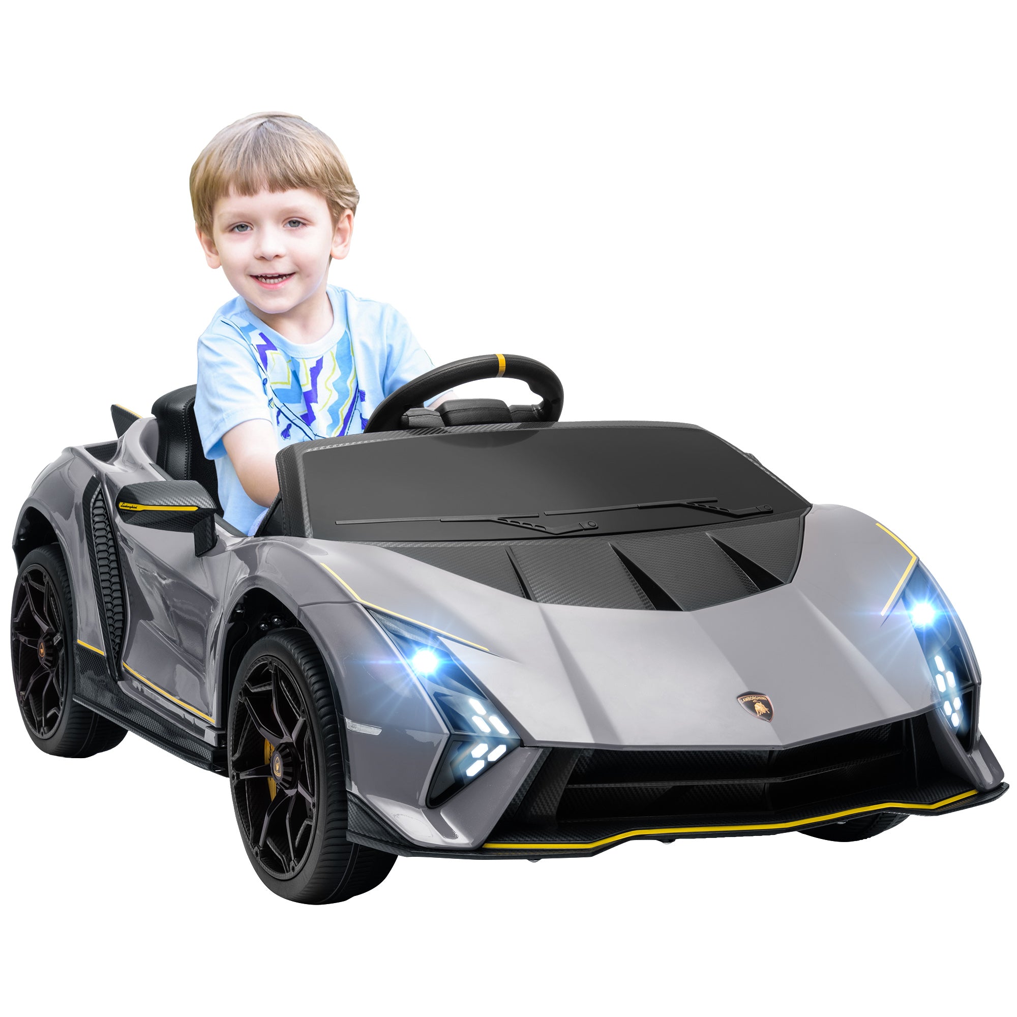 AIYAPLAY 12V Lamborghini Autentica Licensed Kids Electric Car with Remote Control, 4 Suspension Wheels, Soft Start, Grey - North Peak Garden Furniture