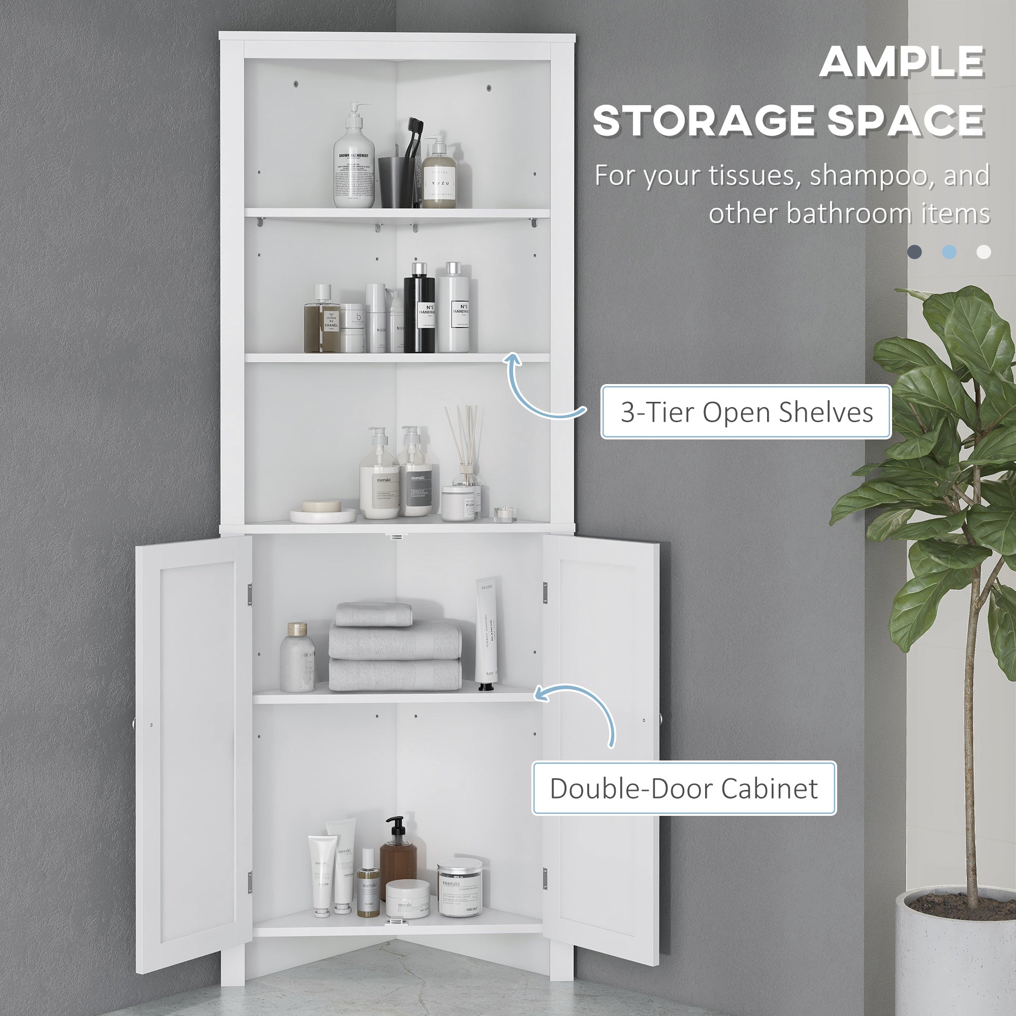 kleankin Triangle Bathroom Cabinet, Corner Bathroom Storage Unit with Cupboard and 3-Tier Shelves, Free Standing, White - North Peak Garden Furniture