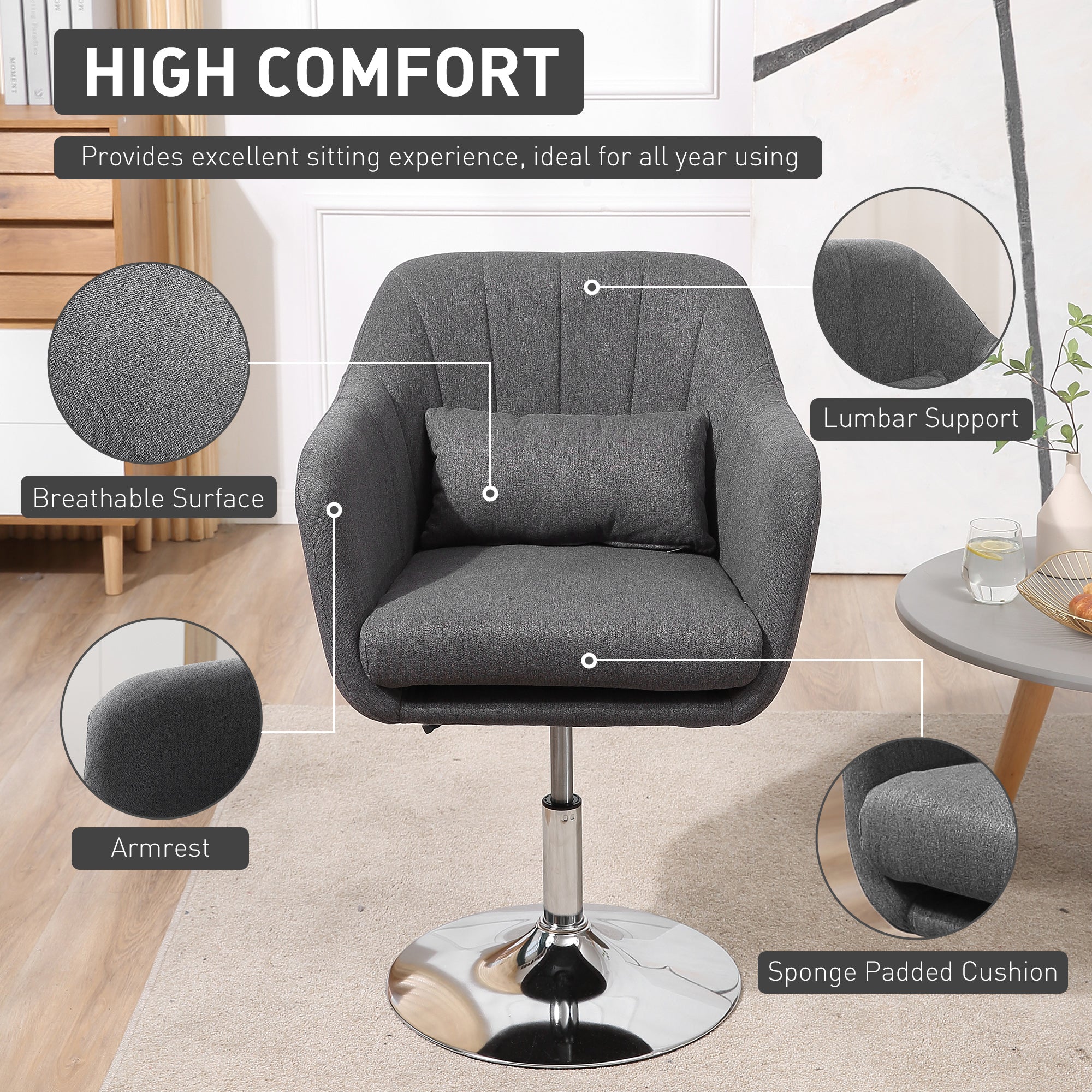 HOMCOM Swivel Linen Fabric Accent Chair for Living Room Contemporary Vanity Armchair with Adjustable Height Thick Cushion Lumbar Support Armrest for Bedroom Office Dark Grey