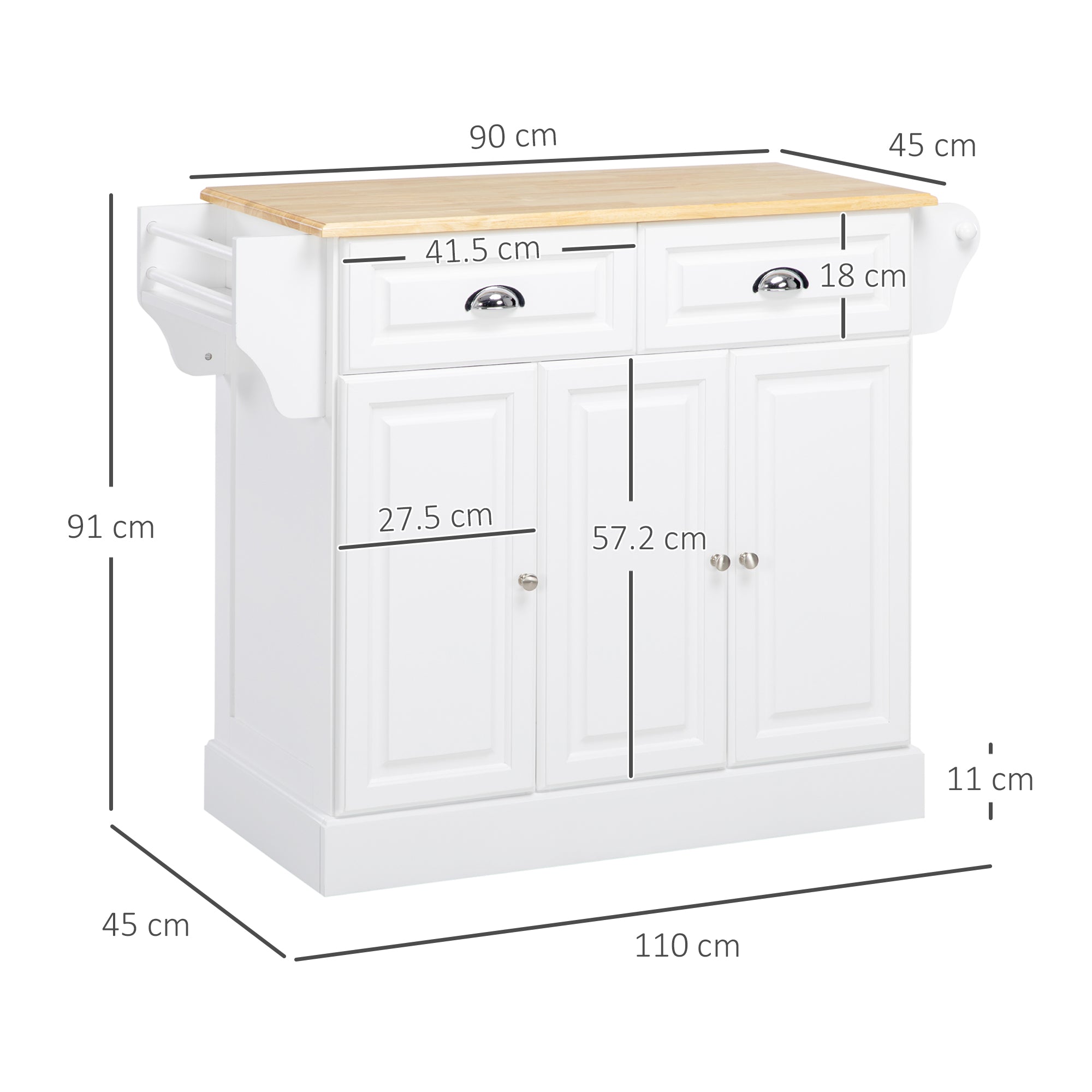 HOMCOM Kitchen Island with Storage Rolling Kitchen Serving Cart with Rubber Wood Top Towel Rack Storage Drawer Cabinet White - North Peak Garden Furniture