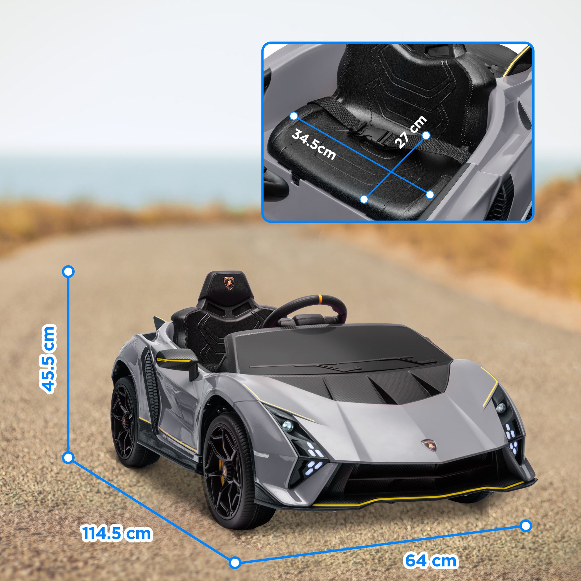 AIYAPLAY 12V Lamborghini Autentica Licensed Kids Electric Car with Remote Control, 4 Suspension Wheels, Soft Start, Grey - North Peak Garden Furniture