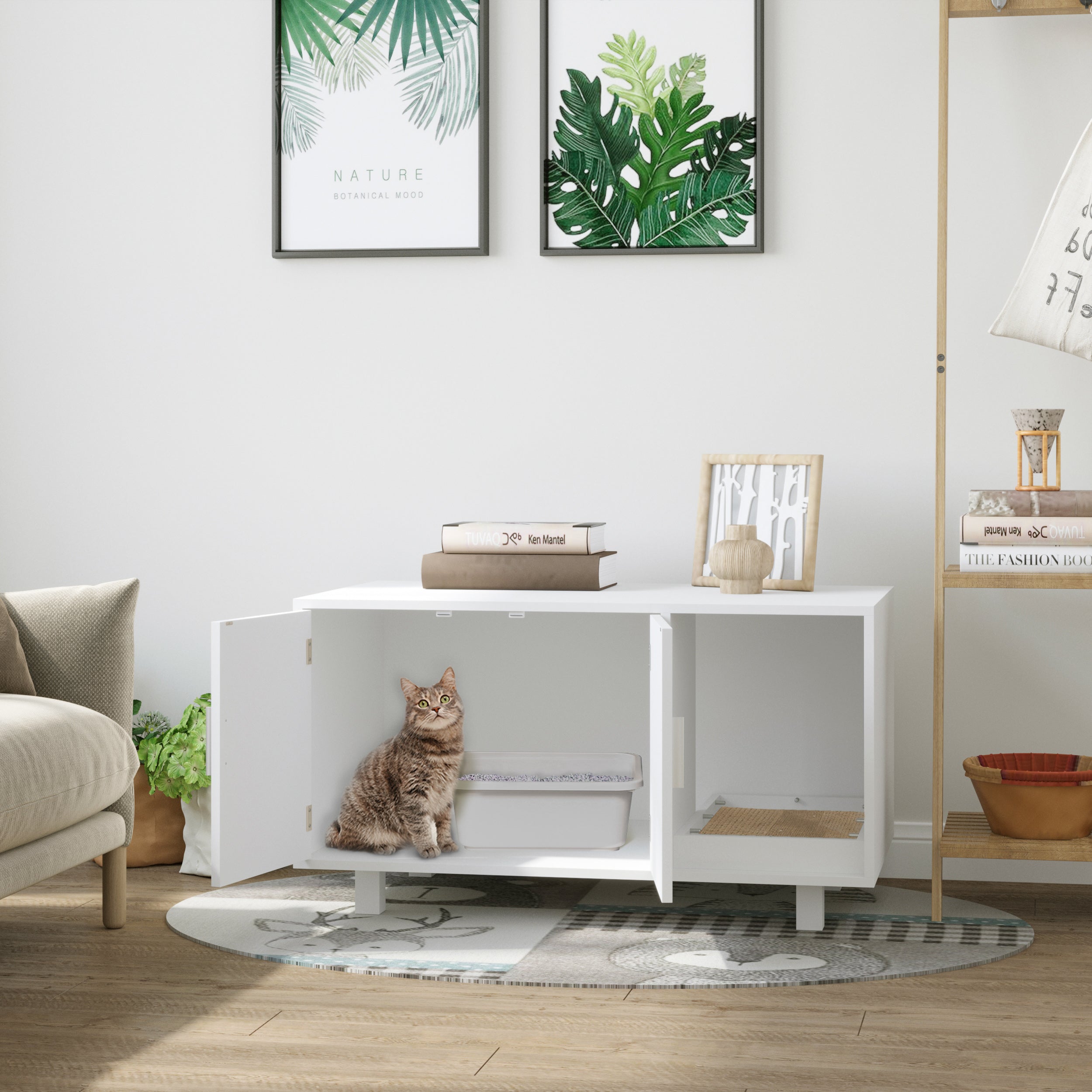 PawHut Wooden Cat Litter Box Enclosure & House with Nightstand/End Table Design, Scratcher, & Magnetic Doors, White - North Peak Garden Furniture