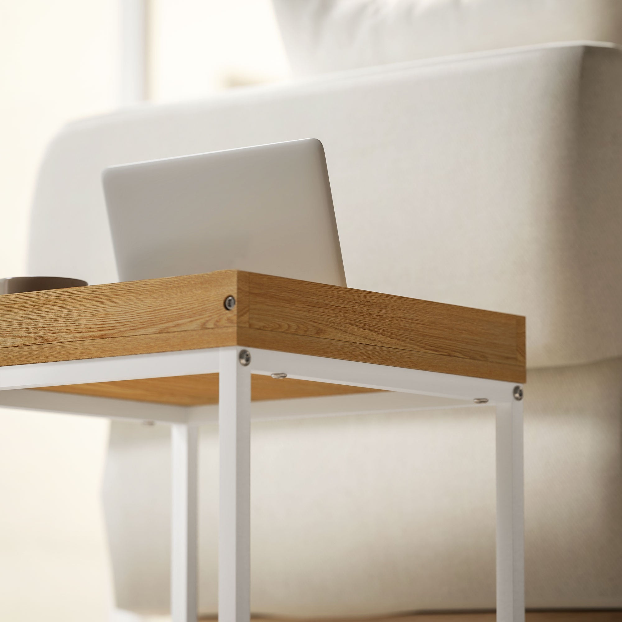 HOMCOM Set of Two Boxy Nesting Tables - White/Wood-Effect - North Peak Garden Furniture