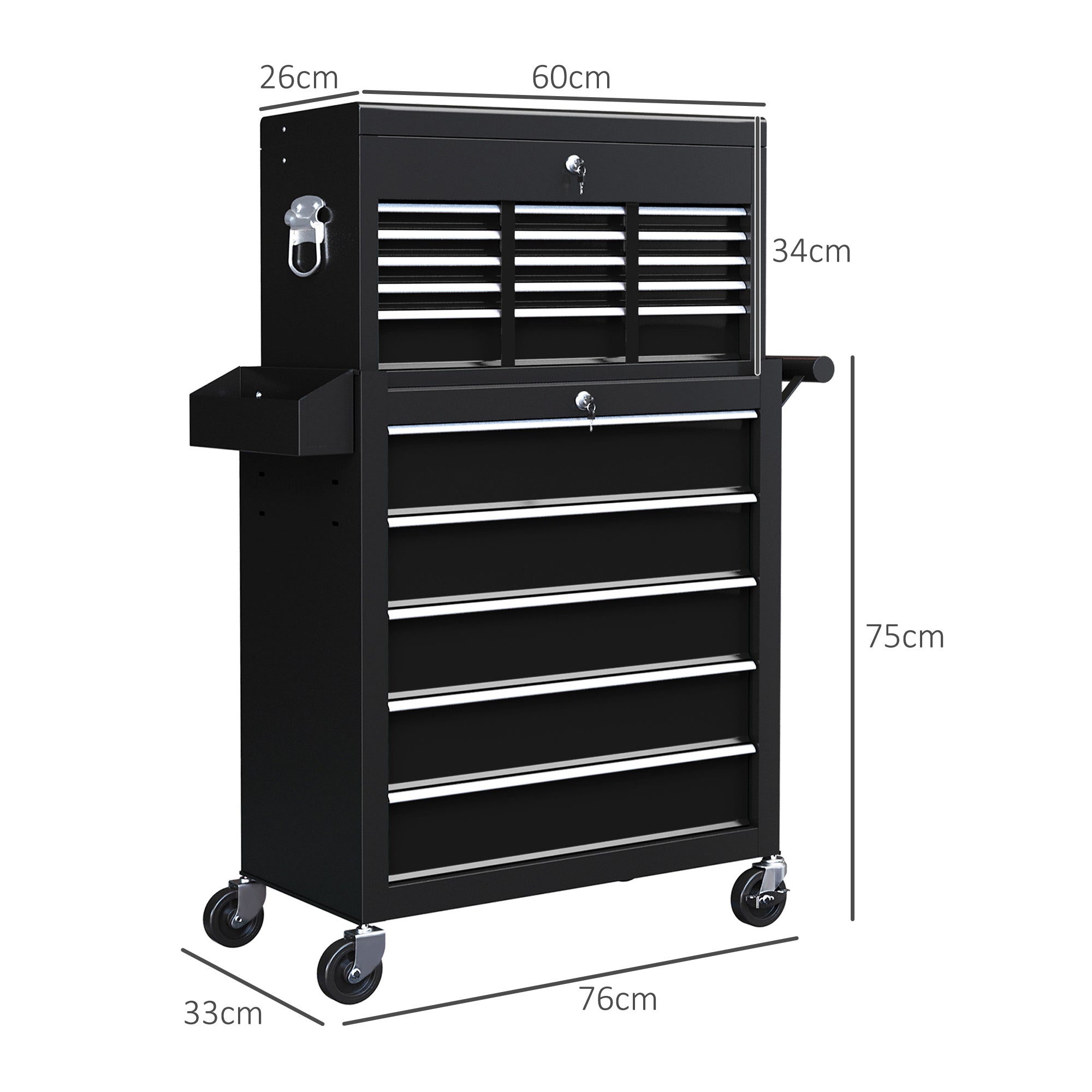 HOMCOM 19 Drawer, Two-Part Tool Storage Chest on Wheels - Black - North Peak Garden Furniture