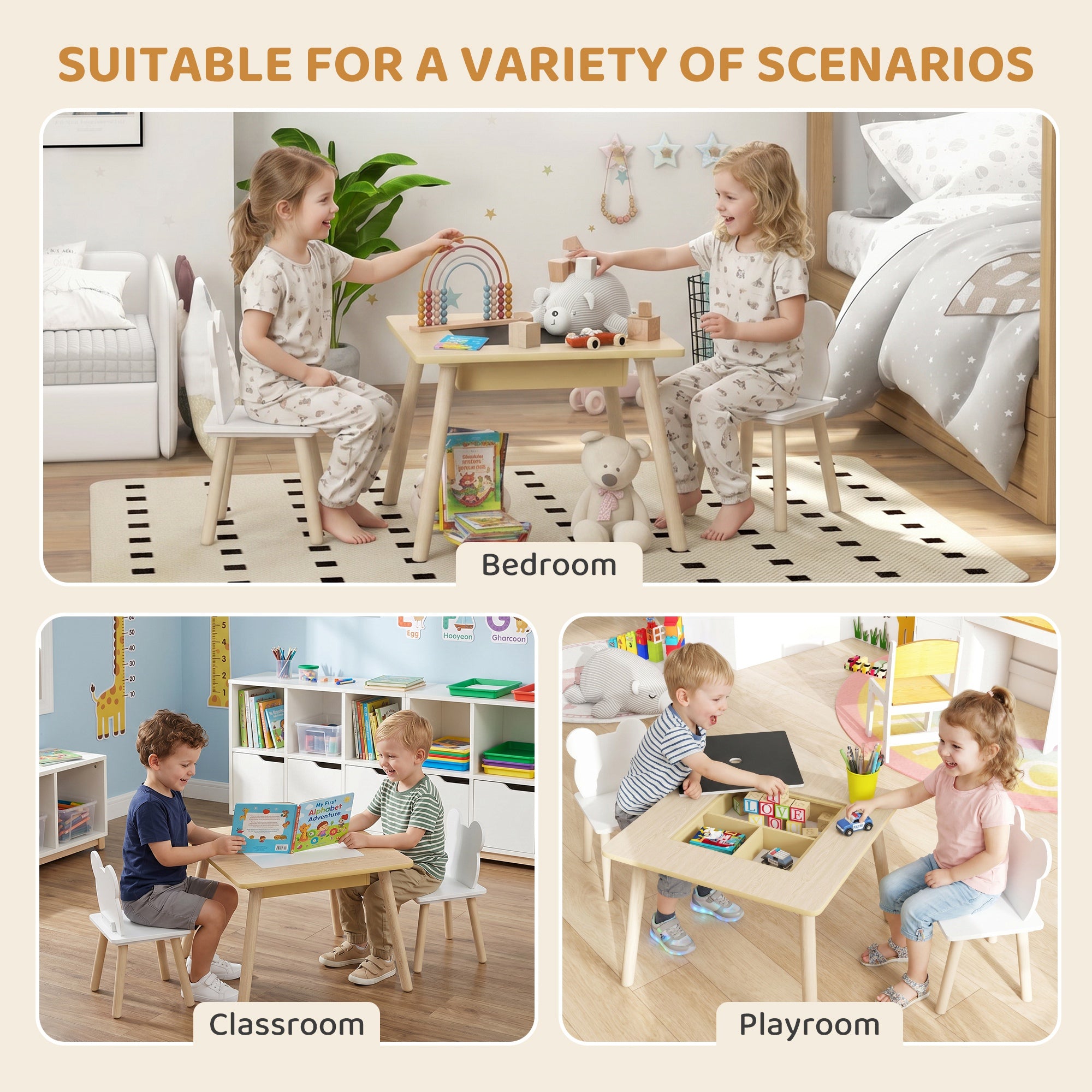 AIYAPLAY 3-Piece Kids Table and Chairs Set with Convertible Desk and Storage Grid, Kids Activity Table for Nursery, Playroom