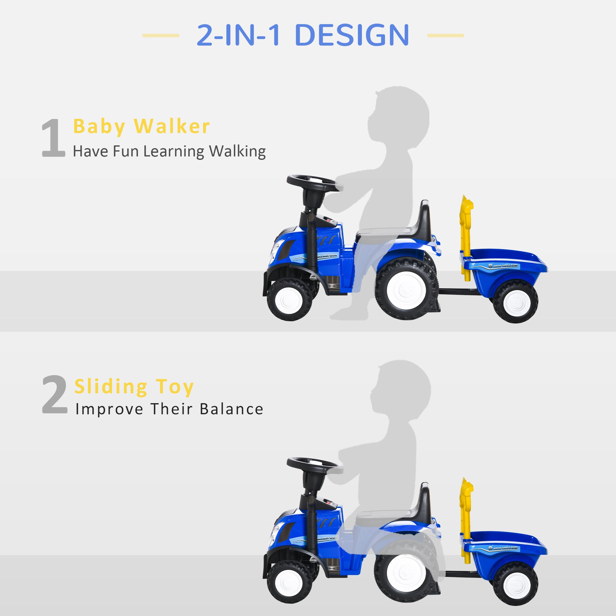 HOMCOM Ride On Tractor Toddler Walker Foot To Floor Slider w/ Horn Storage Steering Wheel for 1-3 Years Old Blue - North Peak Garden Furniture