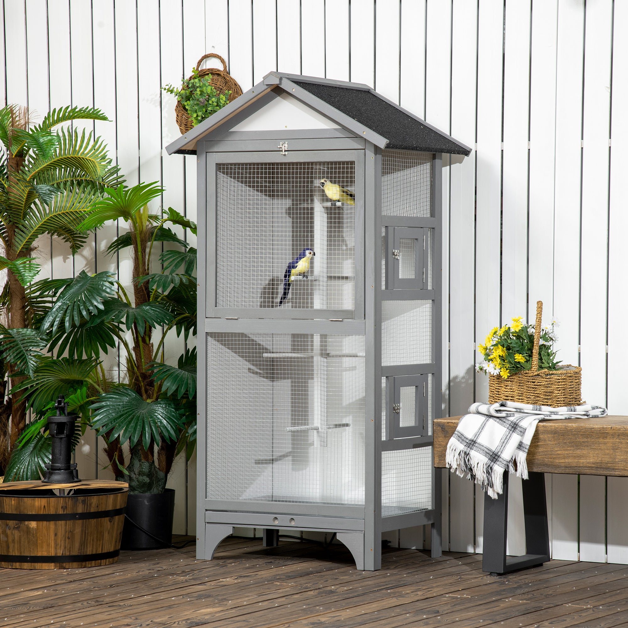 PawHut Wooden Outdoor Bird Cage, for Finches and Canaries, with Removable Tray, Asphalt Roof - Grey - North Peak Garden Furniture