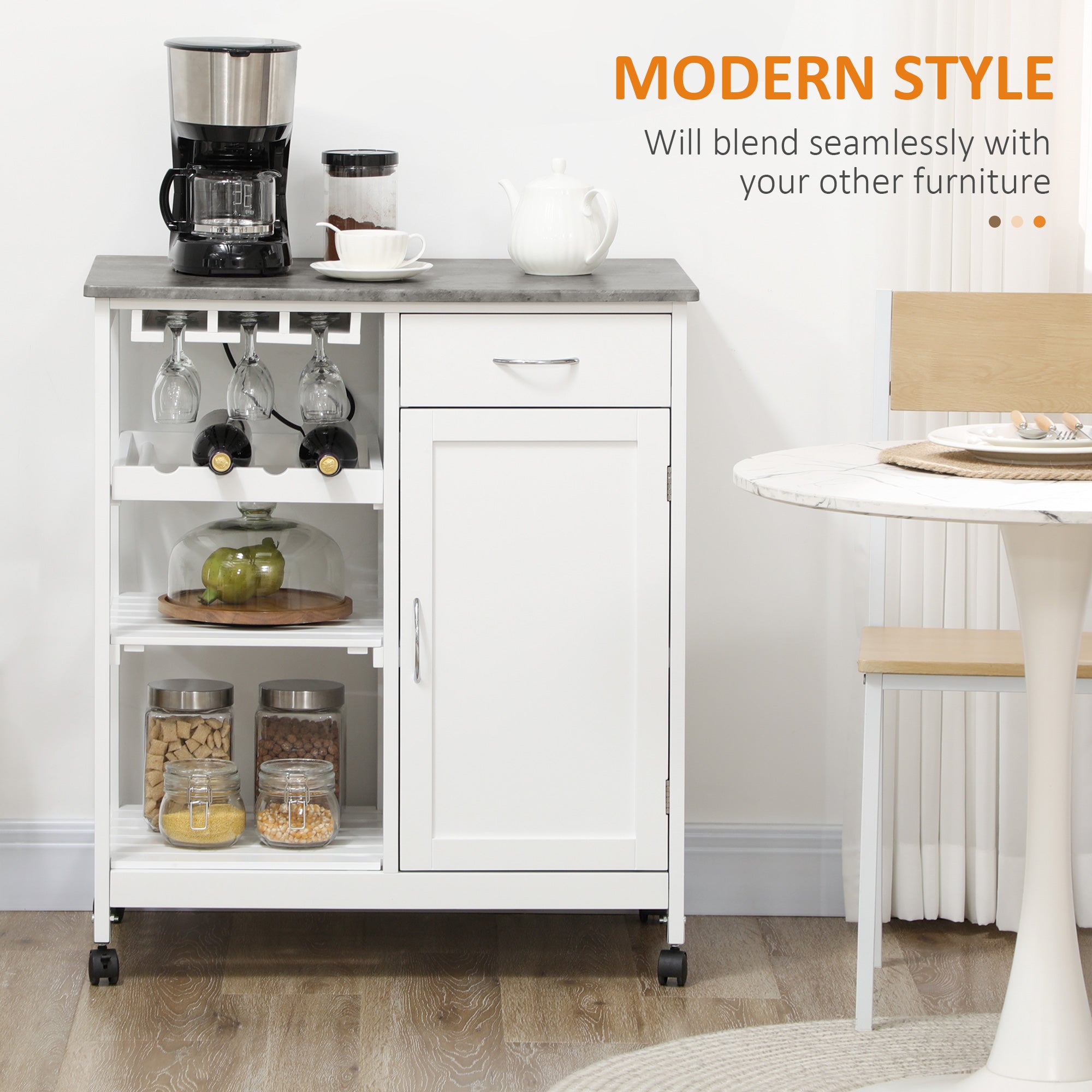 HOMCOM Compact Kitchen Trolley Utility Cart on Wheels with Wine Rack, Drawer, Open Shelf and Storage Cabinet for Dining Room, White - North Peak Garden Furniture