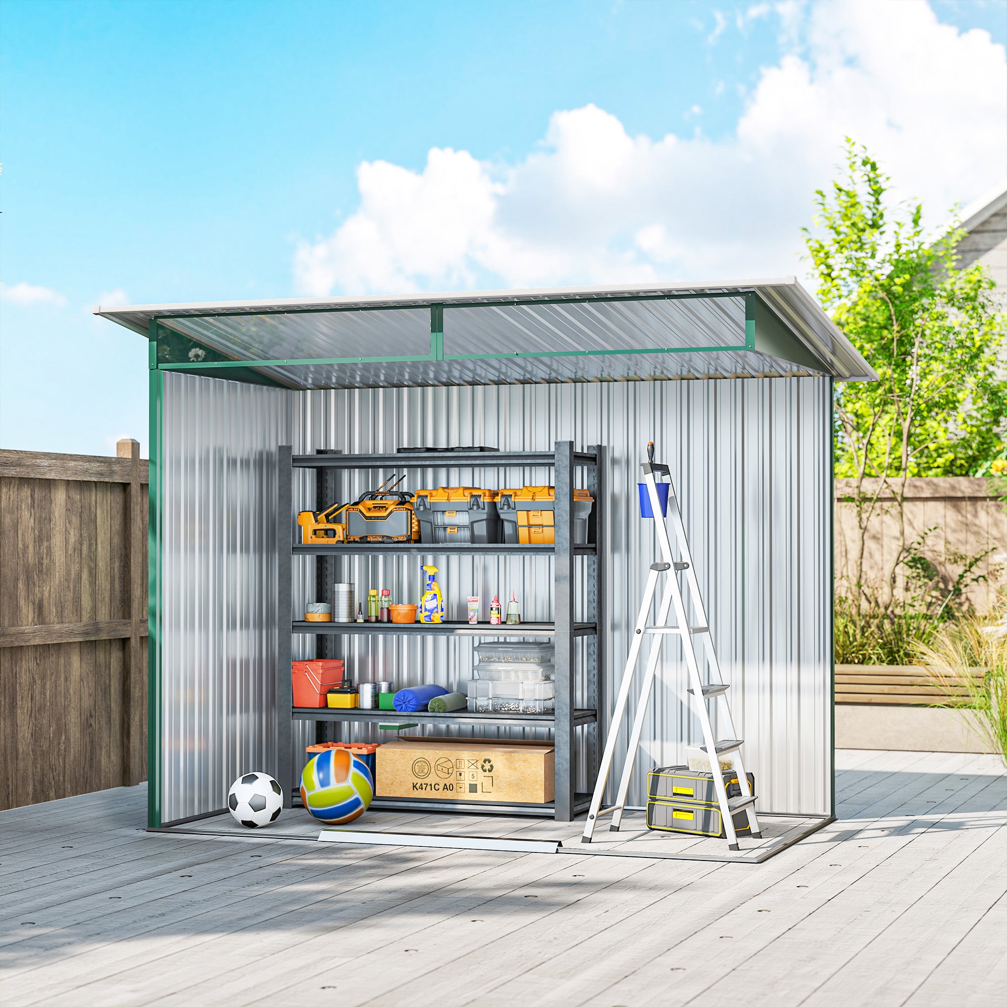 Outsunny Metal Garden Storage Shed, Tool Storage House with Double Sliding Doors and Lightsky Panels, 8.5 x 4ft