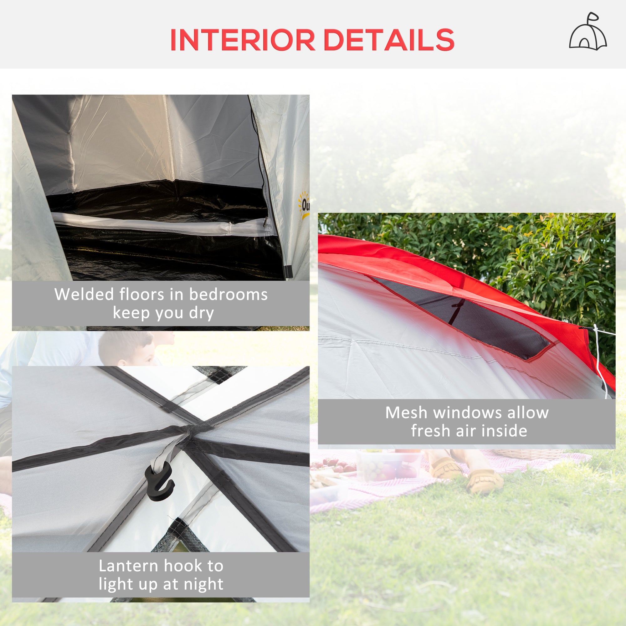 Outsunny Four-Man Tunnel Tent, with Two Bedrooms and Living Room - Grey/Red - North Peak Garden Furniture