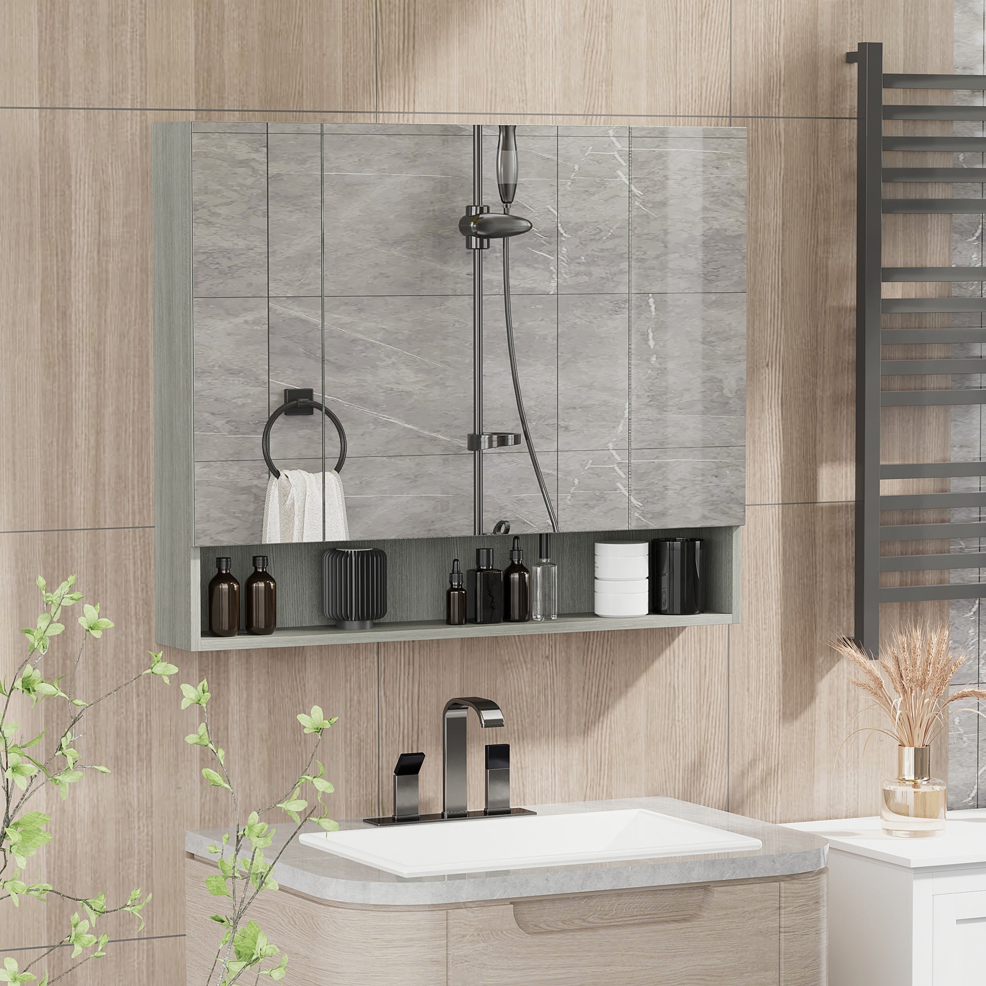 kleankin Bathroom Mirror Cabinet, Wall Mounted Storage Cabinet with Adjustable Shelves, 3 Doors and Cupboards, Grey - North Peak Garden Furniture