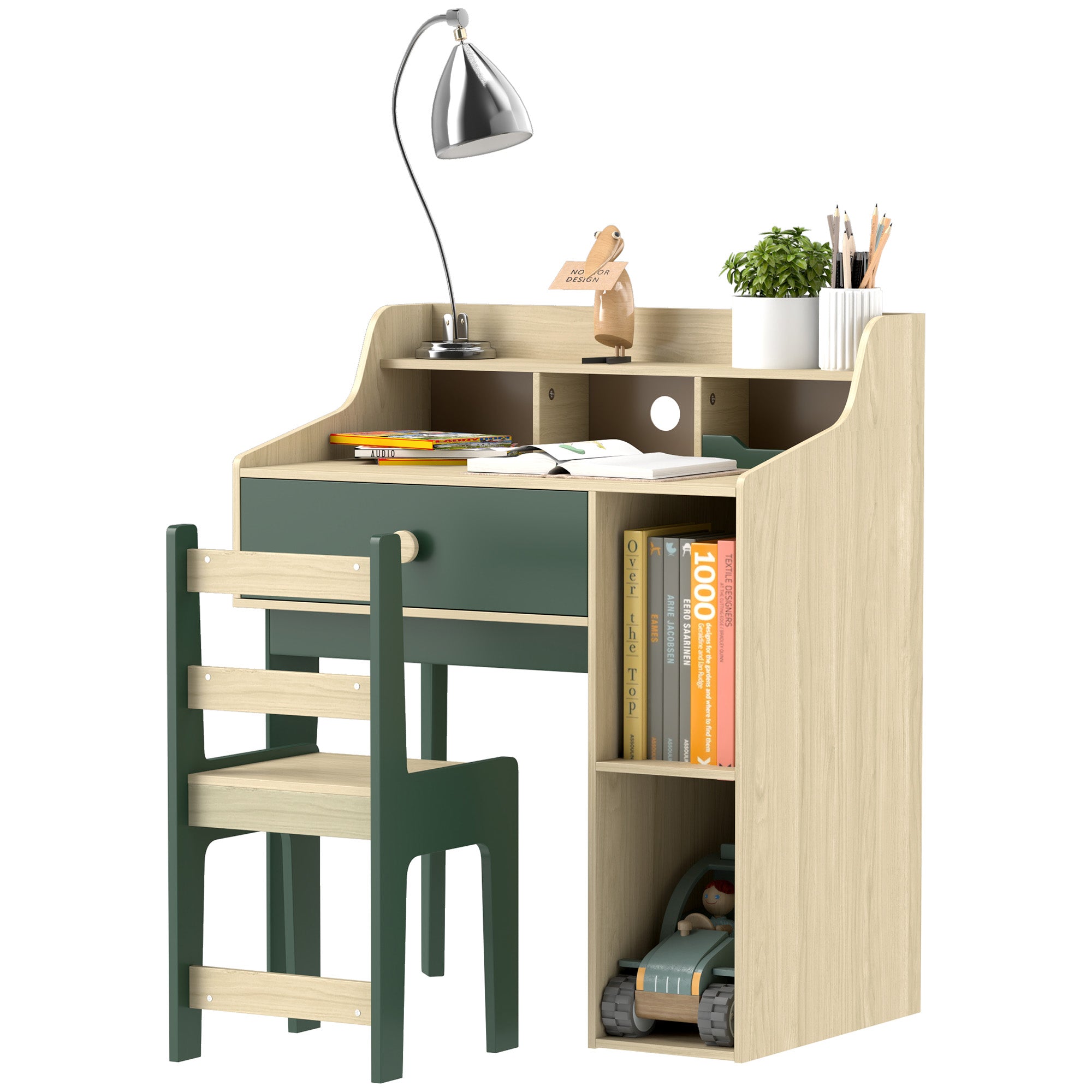 AIYAPLAY Kids Desk and Chair Set with Storage Shelves and Drawer, Green