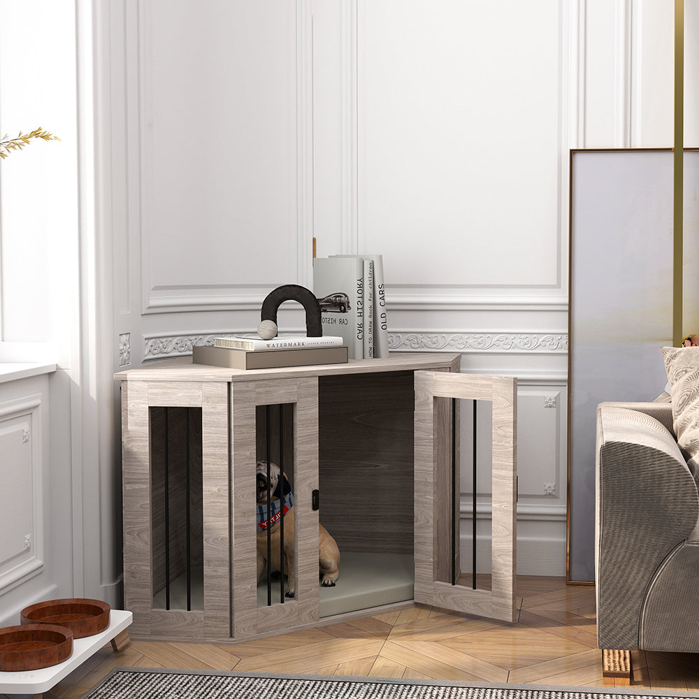 PawHut 2 in 1 Dog Crate Furniture Side Table, with Cushion, 104 x 55 x 63cm - Walnut Brown - North Peak Garden Furniture