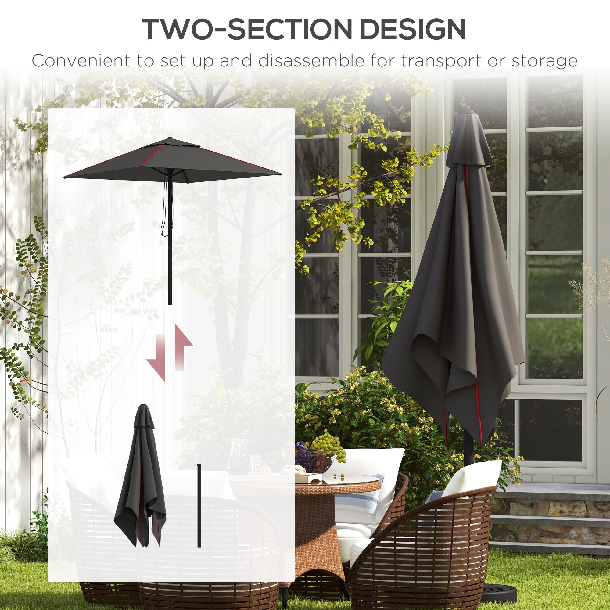Outsunny 215cm Square Canopy Parasol, with Contrast Piping - Grey/Red - North Peak Garden Furniture