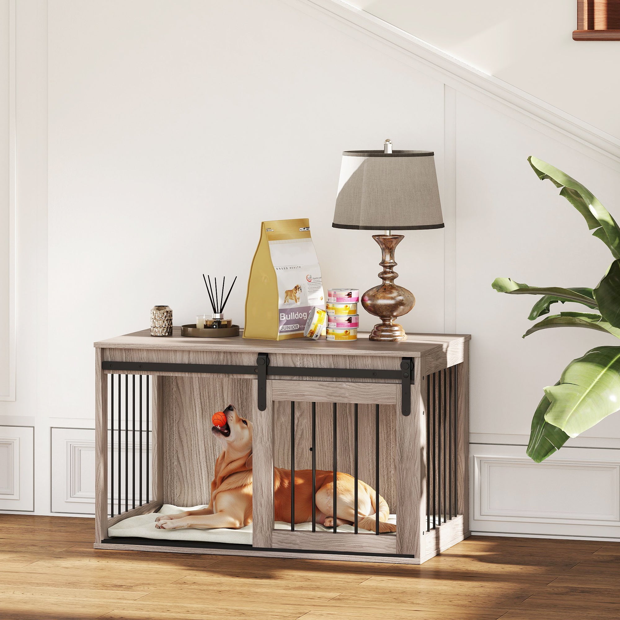 PawHut 98cm Dog Crate Furniture with Removable Cushion for Large Dogs - Brown - North Peak Garden Furniture