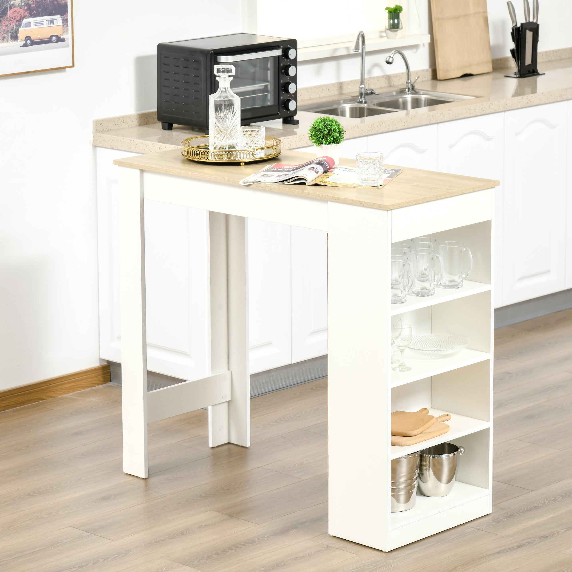 HOMCOM Bar Table Coffee Table Kitchen Dining Table with 4-Tier Storage Shelf for Kitchen, Dining Room, Living Room, Natural - North Peak Garden Furniture