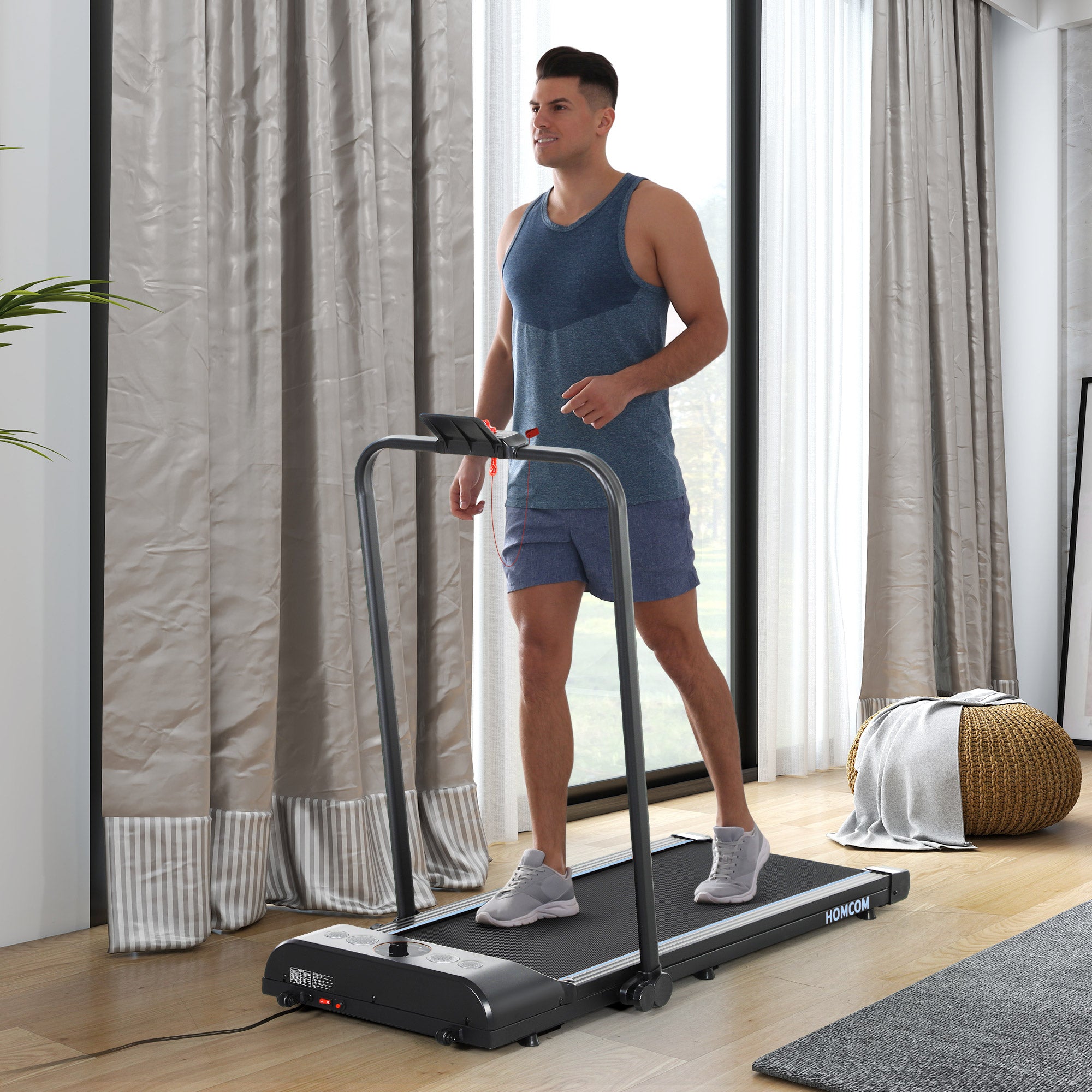 HOMCOM Foldable Walking Treadmill, with LED Display and Wheels, for Home, Office, Gym, Blue - North Peak Garden Furniture