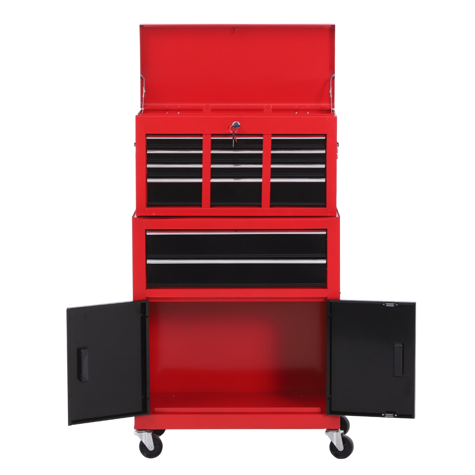 HOMCOM Tool Chest, Metal Tool Cabinet on Wheels with 6 Drawers, Pegboard, Top Chest and Roller Cabinet Combo, 61.6 x 33 x 108cm, Red - North Peak Garden Furniture