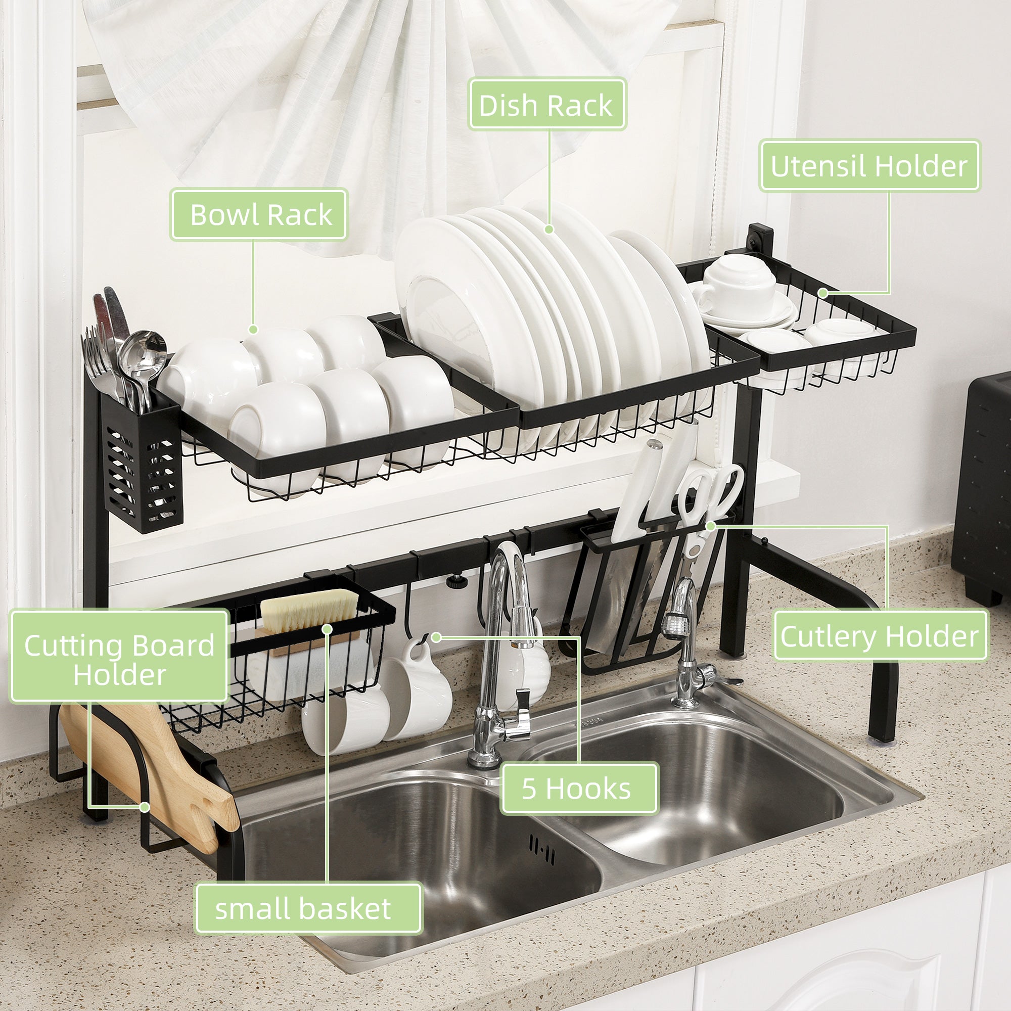 HOMCOM Space Saving 2 Tier Adjustable Dish Drainer Over The Sink Dish Drying Rack, Black - North Peak Garden Furniture