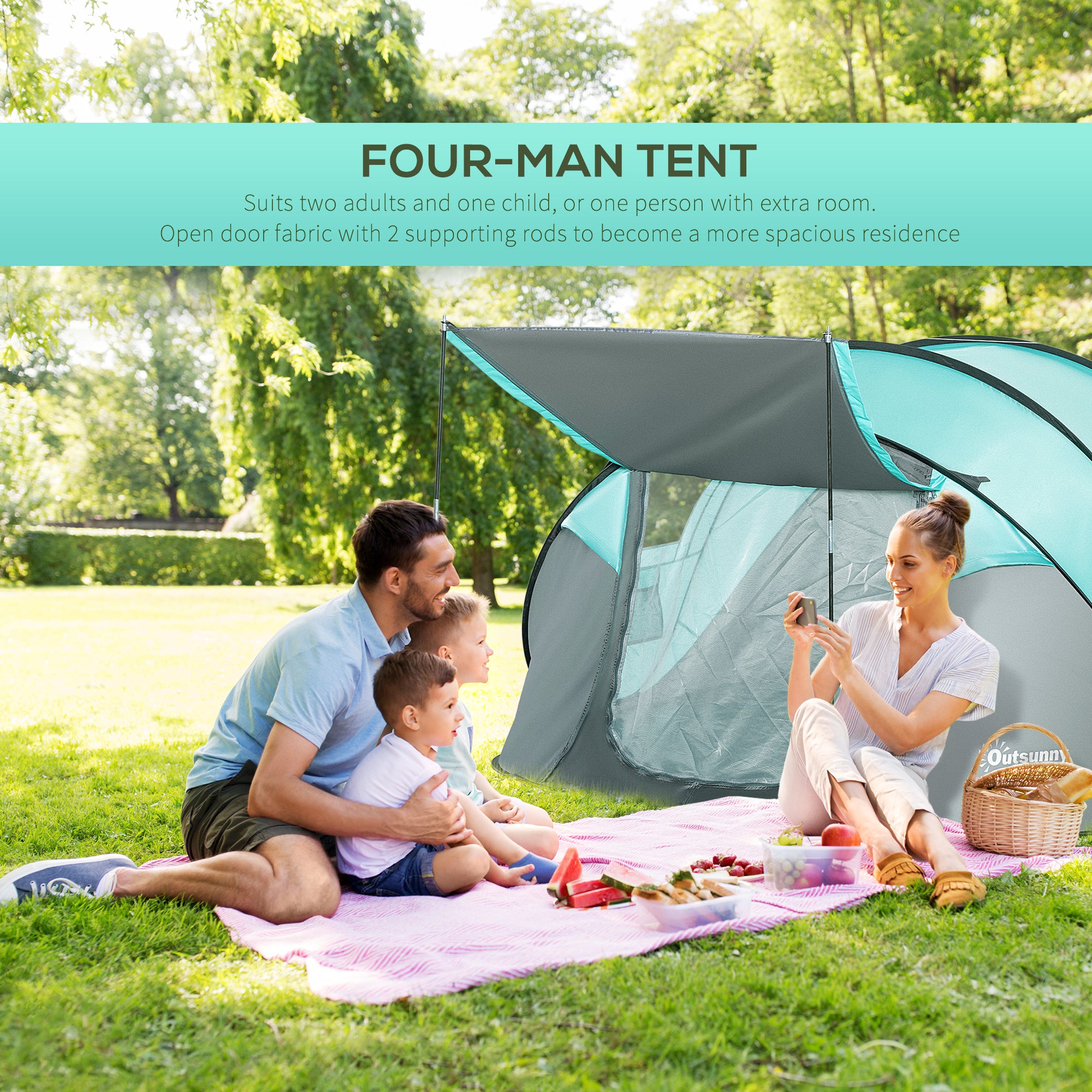 Outsunny 4 Person Pop Up Camping Tent with Vestibule Weatherproof Cover, Instant Backpacking Tent with 2 Windows 2 Doors Portable Carry Bag for Fishing Hiking, Tiffany Blue