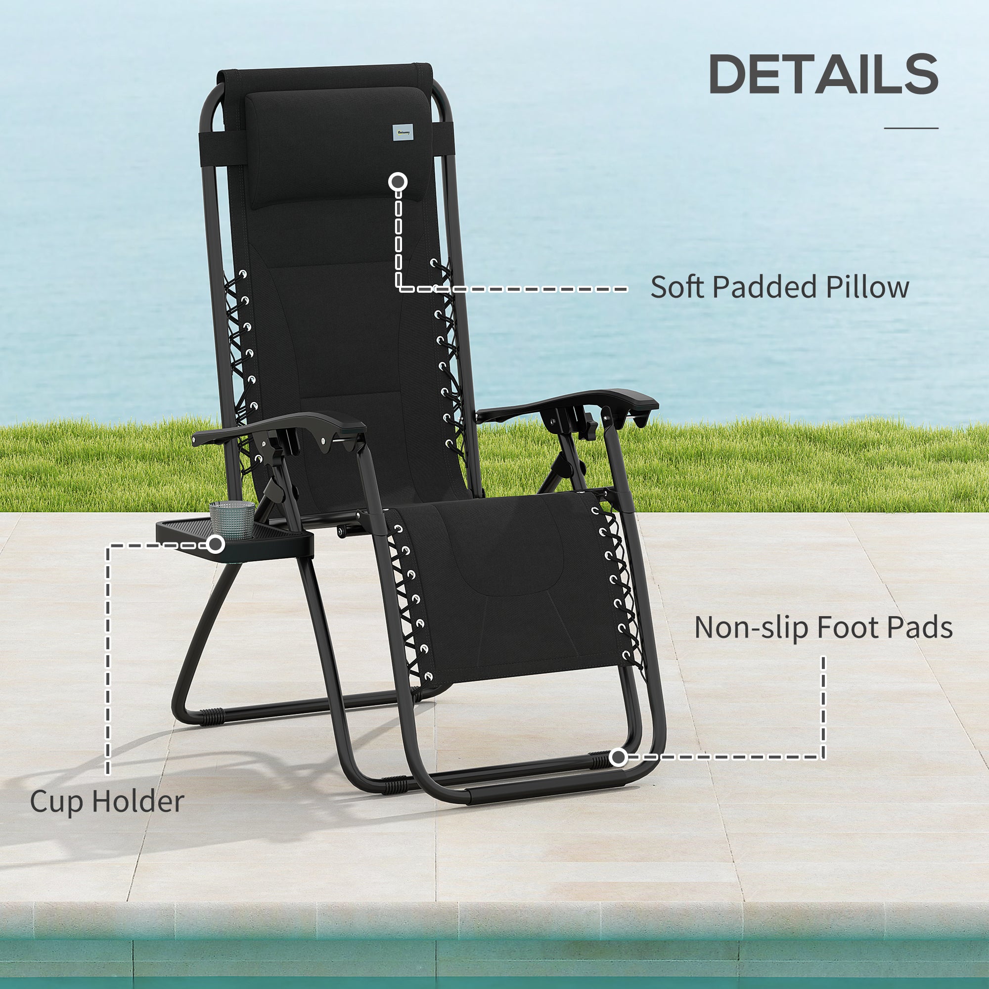 Outsunny Zero Gravity Lounger Chair, Folding Reclining Patio Chair with Padded Seat, Cup Holder, Soft Cushion and Headrest for Poolside, Camping, Black - North Peak Garden Furniture