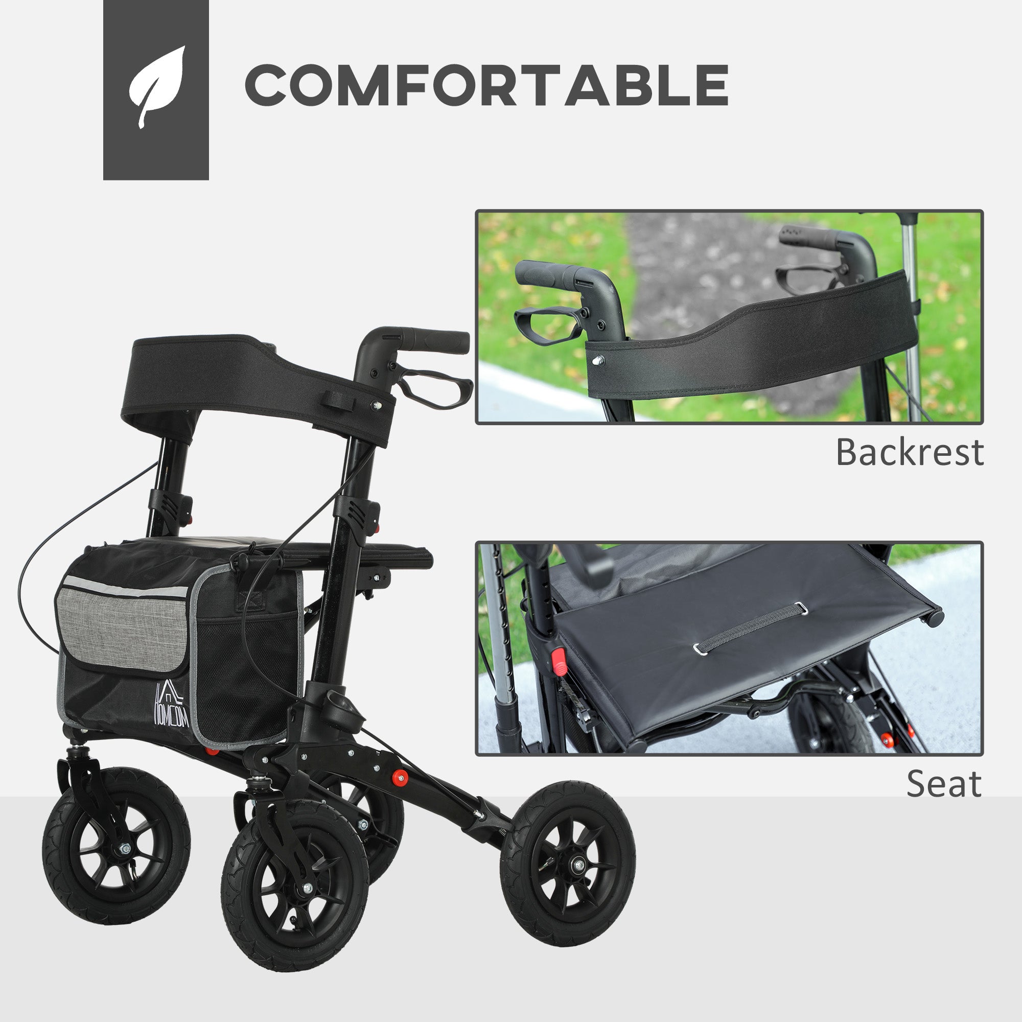 HOMCOM Folding Rollator Walker with Padded Seat, Backrest, Lightweight Walking Frame with Storage Bag, Dual Brakes, All-terrain Wheels, Adjustable Handle Height, 4 Wheeled Walker for Seniors, Black - North Peak Garden Furniture