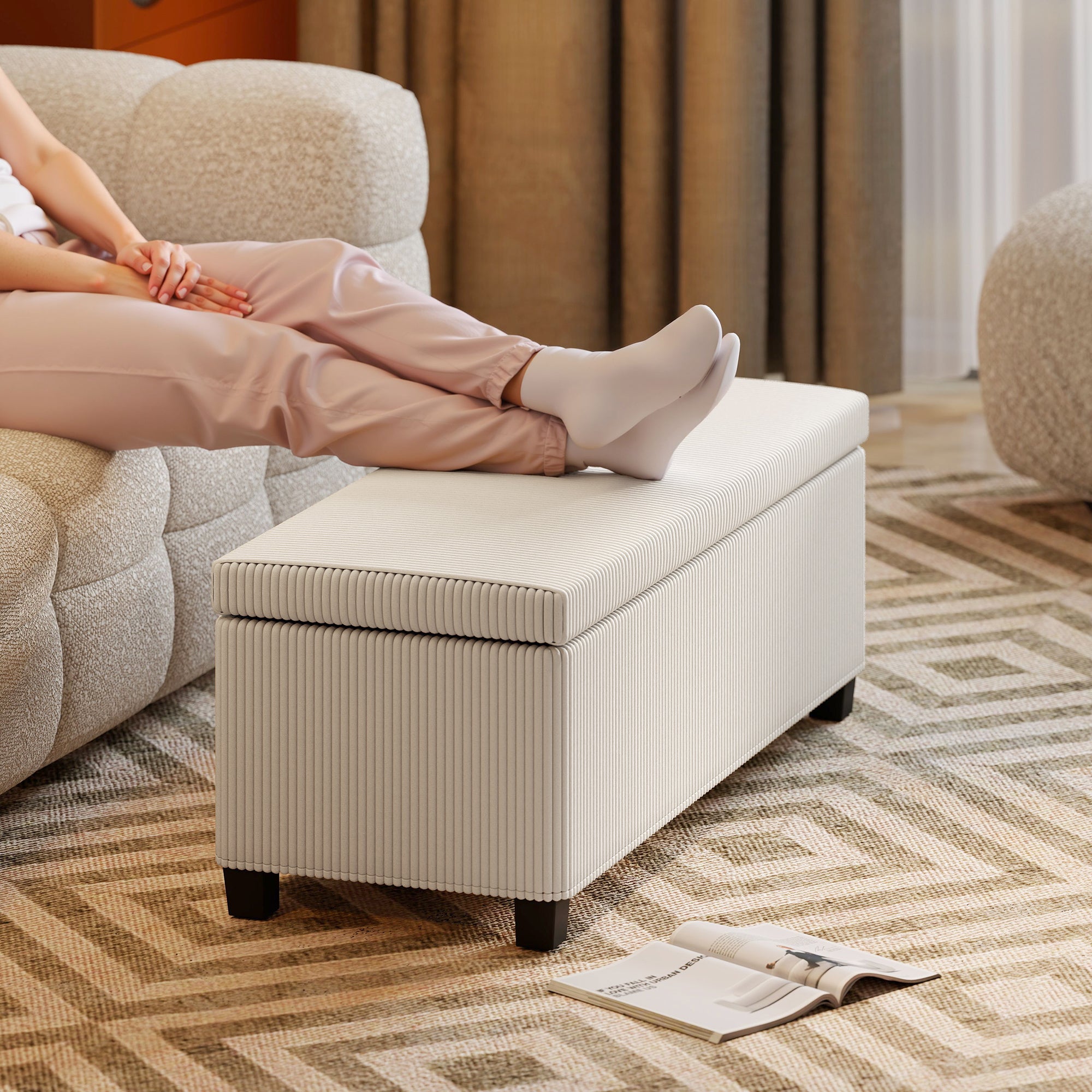 HOMCOM Storage Ottoman Bench, Corduroy Storage Chest Box with Wooden Legs, 112cm Bed End Bench for Living Room, Bedroom, Entryway, Hallway, Beige
