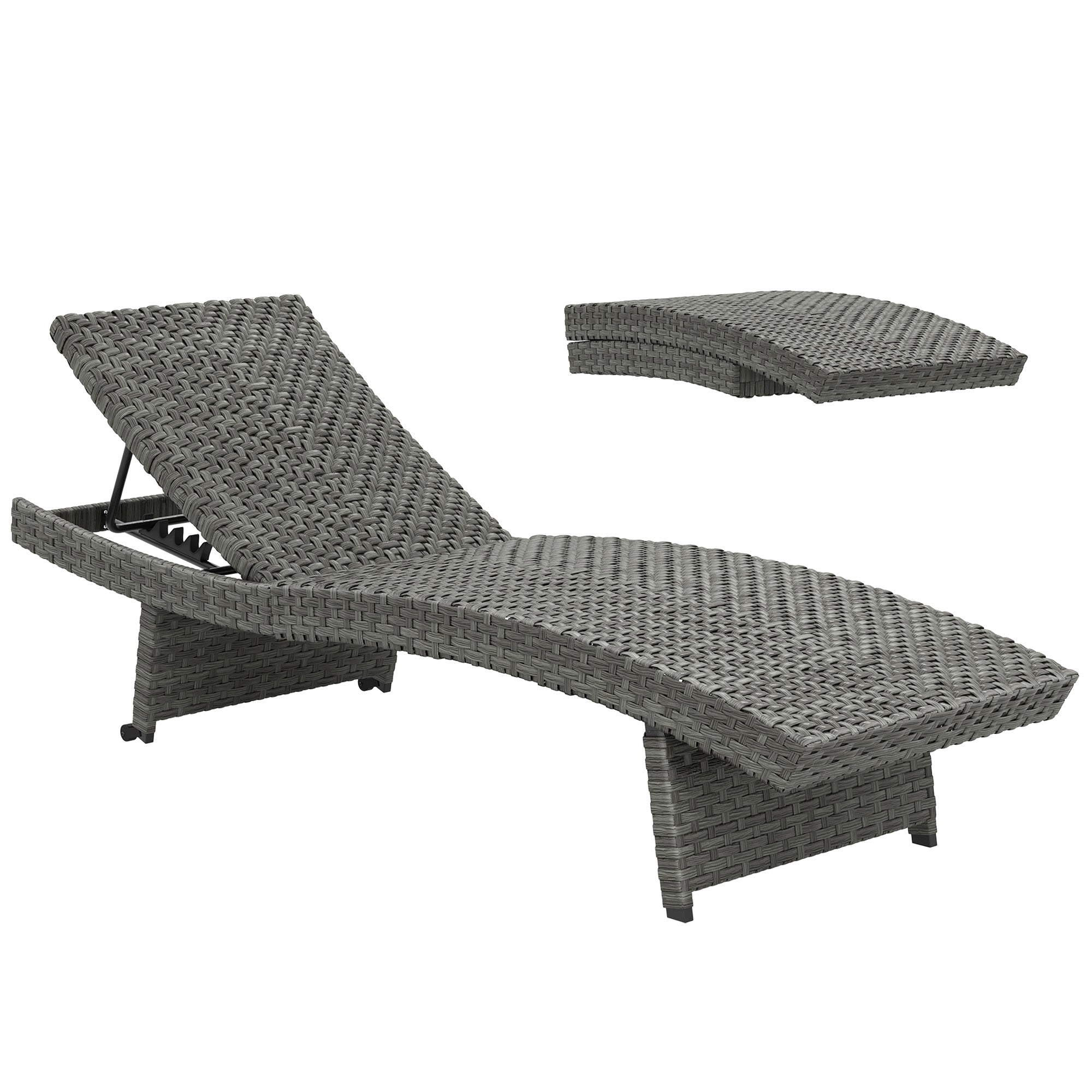Outsunny Outdoor PE Rattan Sun Lounger, Folding Wicker Garden Lounger Recliner with 4-Level Adjustable Backrest, Rolling Sunbed Lounge Chair with Wheels, Non-Slip Legs for Balcony, Beach, Mixed-grey