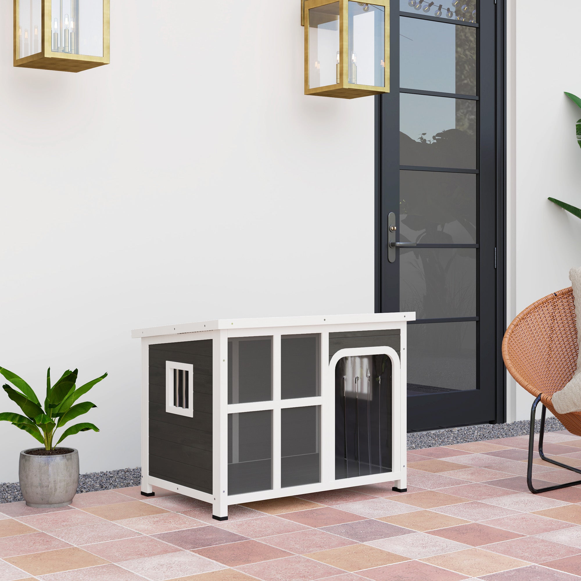 PawHut Wooden Dog House Outdoor with Asphalt Openable Top, Removable Floor, Clear Front Panel, Curtain, 90 x 62 x 71cm - North Peak Garden Furniture