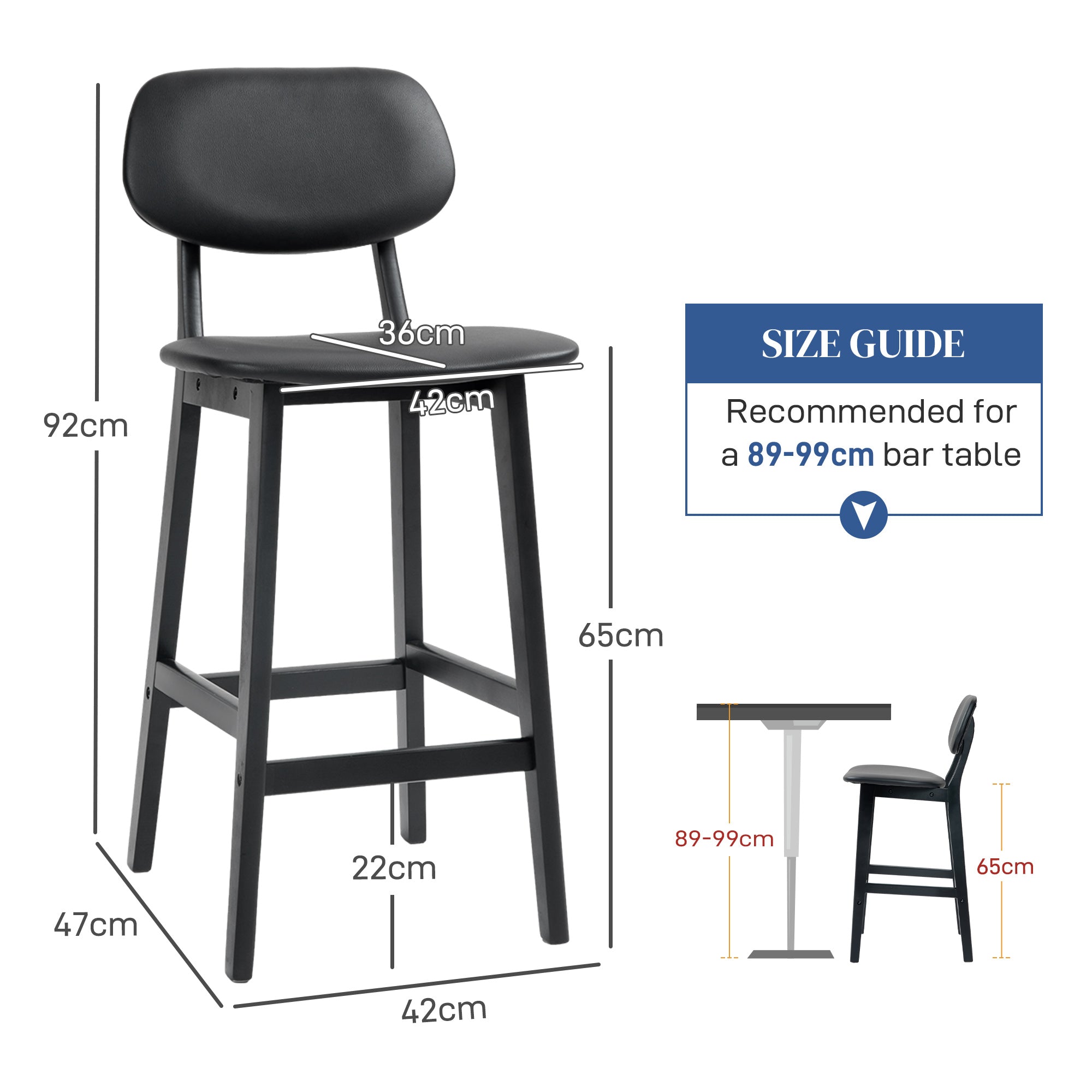 HOMCOM Set of Two Wooden Classic Bar Stools, with Faux Leather Seats - Black - North Peak Garden Furniture