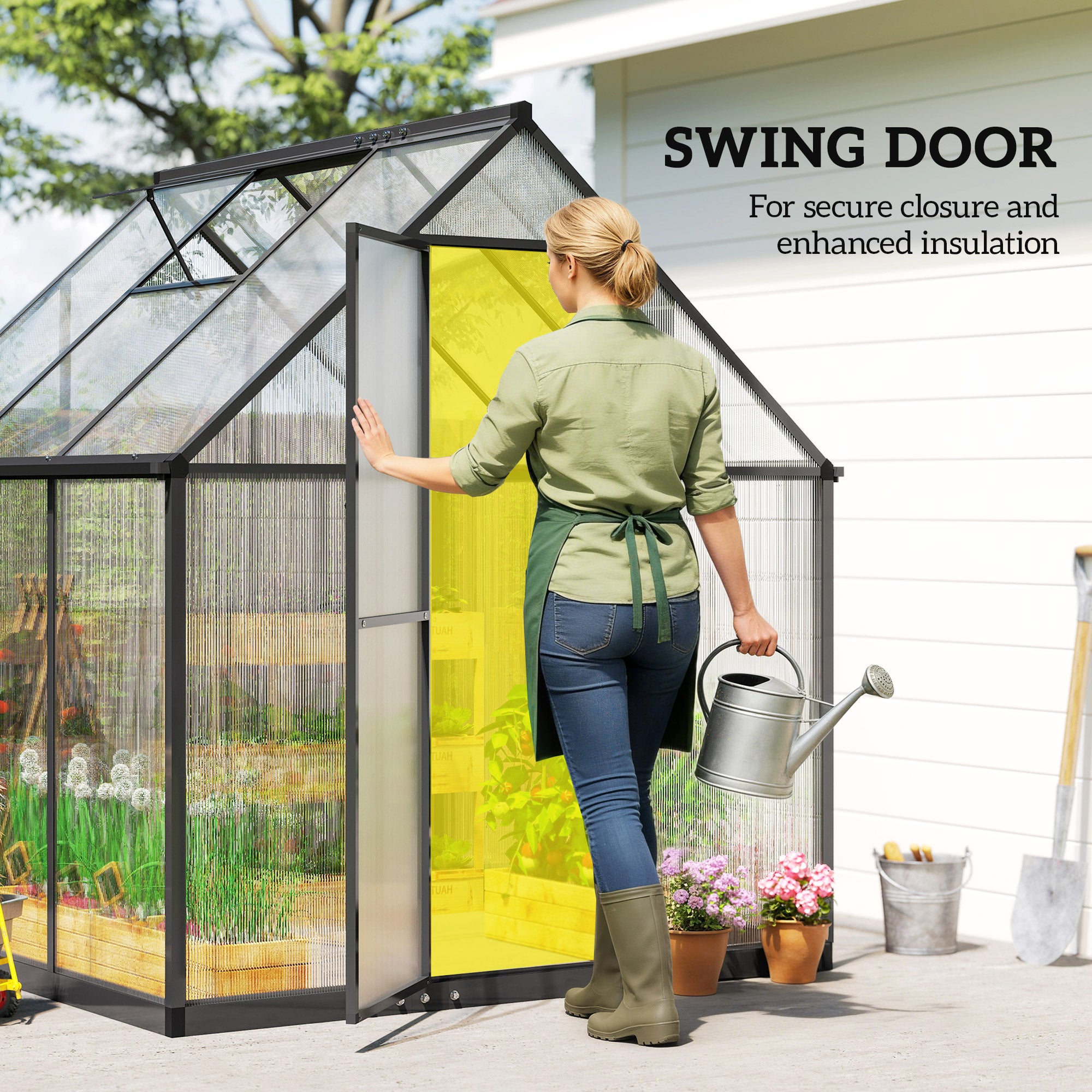 Outsunny Polycarbonate Greenhouse with Swing Door and Adjustable Window, Walk-in Greenhouse with Rain Gutter, 6 x 6.5ft, Black