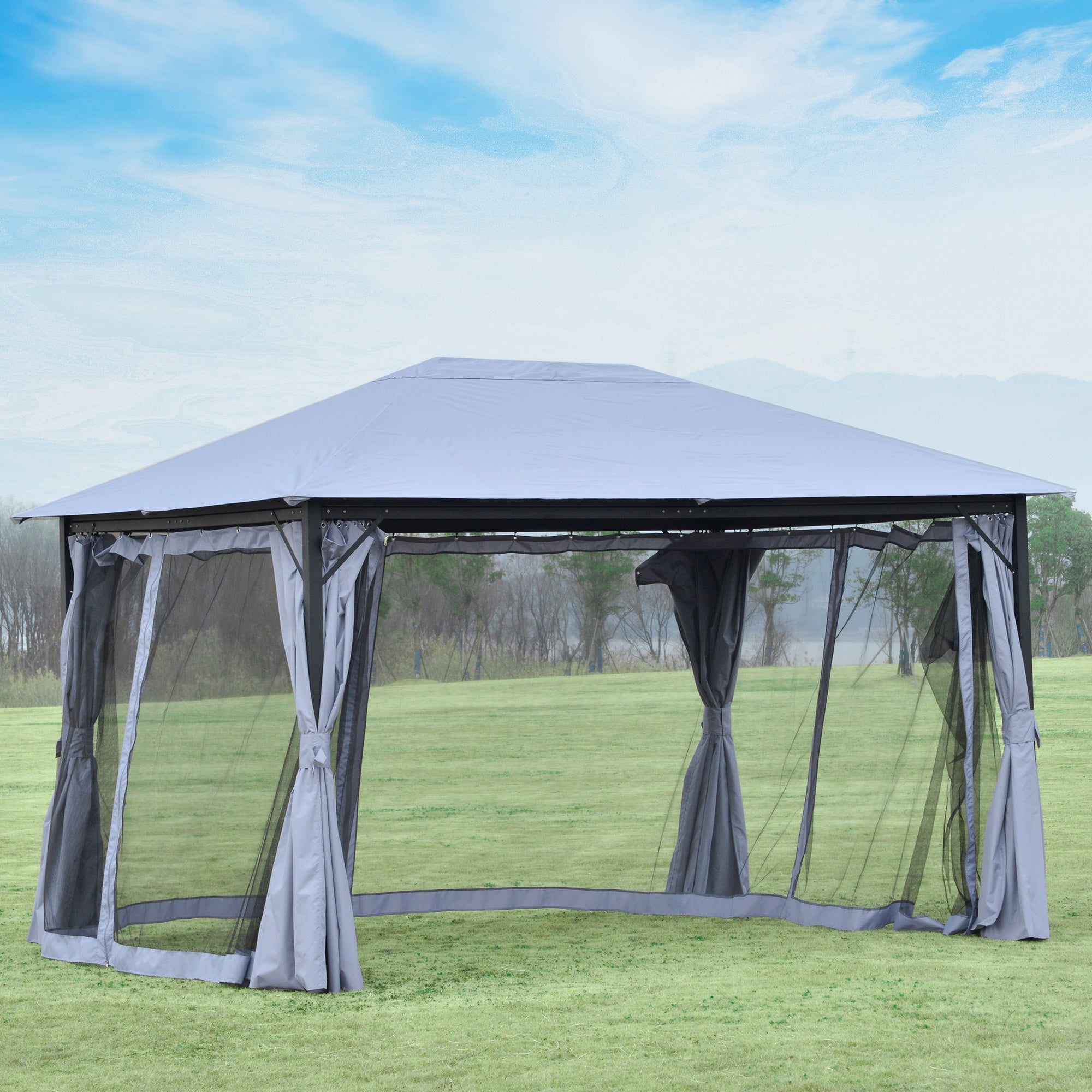 Outsunny 4 x 3(m) Outdoor Gazebo Canopy Party Tent Garden Pavilion Patio Shelter with Curtains, Netting Sidewalls, Grey