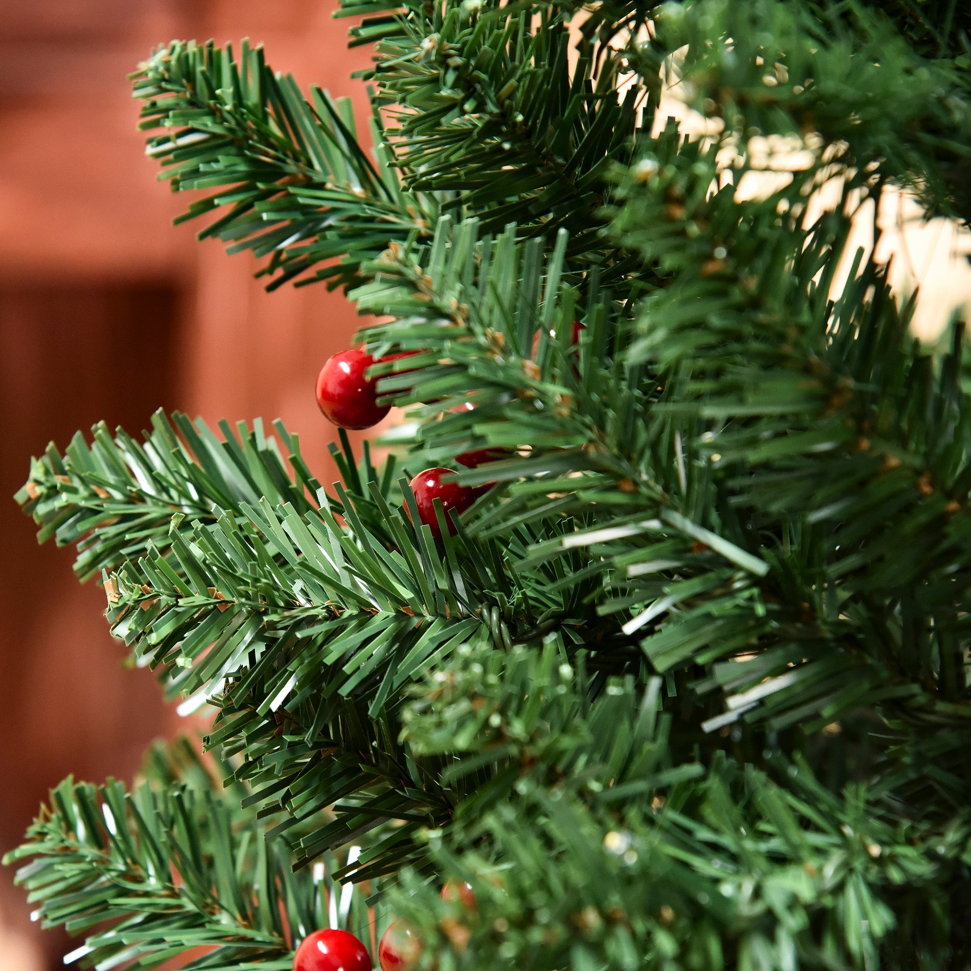 HOMCOM 6FT Prelit Artificial Pencil Christmas Tree with Warm White LED Light, Red Berry, Holiday Home Xmas Decoration, Green - North Peak Garden Furniture