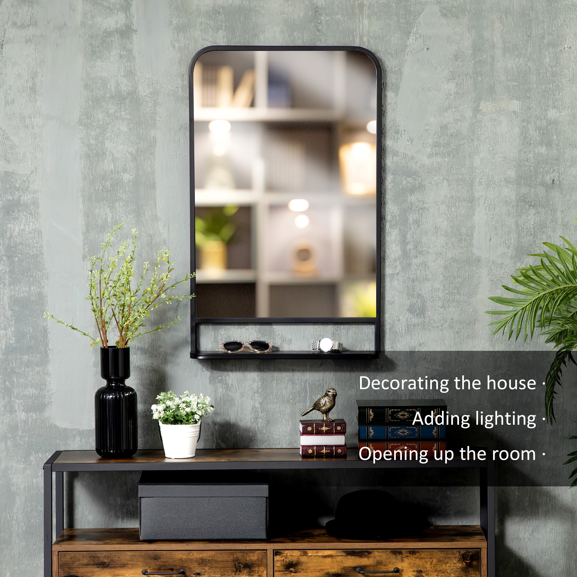 HOMCOM Modern Square Wall Mirror with Storage Shelf, 86 x 53 Mirrors for Living Room, Bedroom, Black - North Peak Garden Furniture